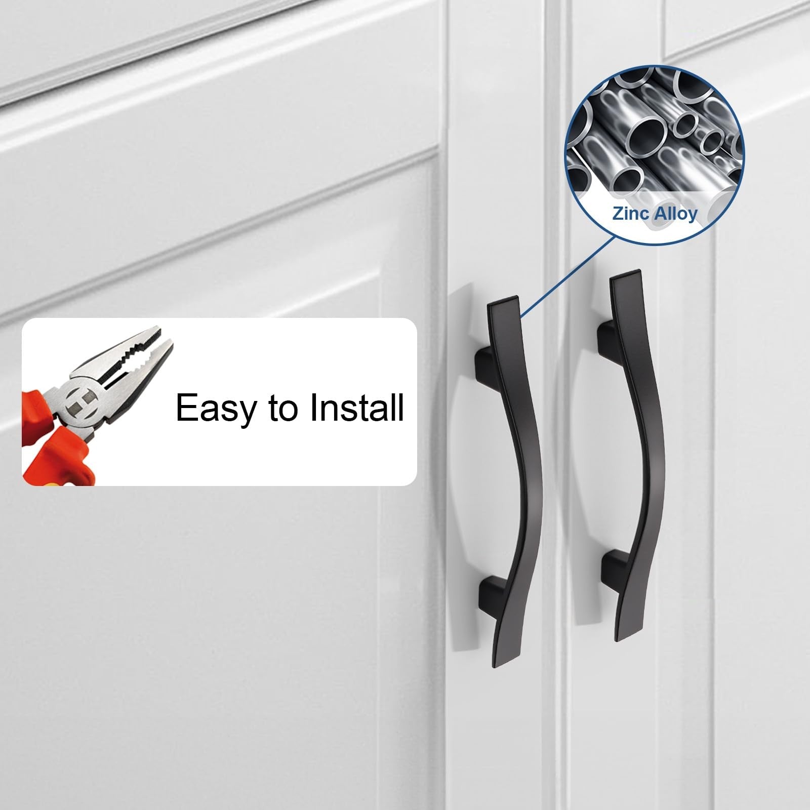 Set of ten Knobonly matte black cabinet handles with 3-inch hole centers, suitable for drawers and cabinets, featuring sleek modern design.