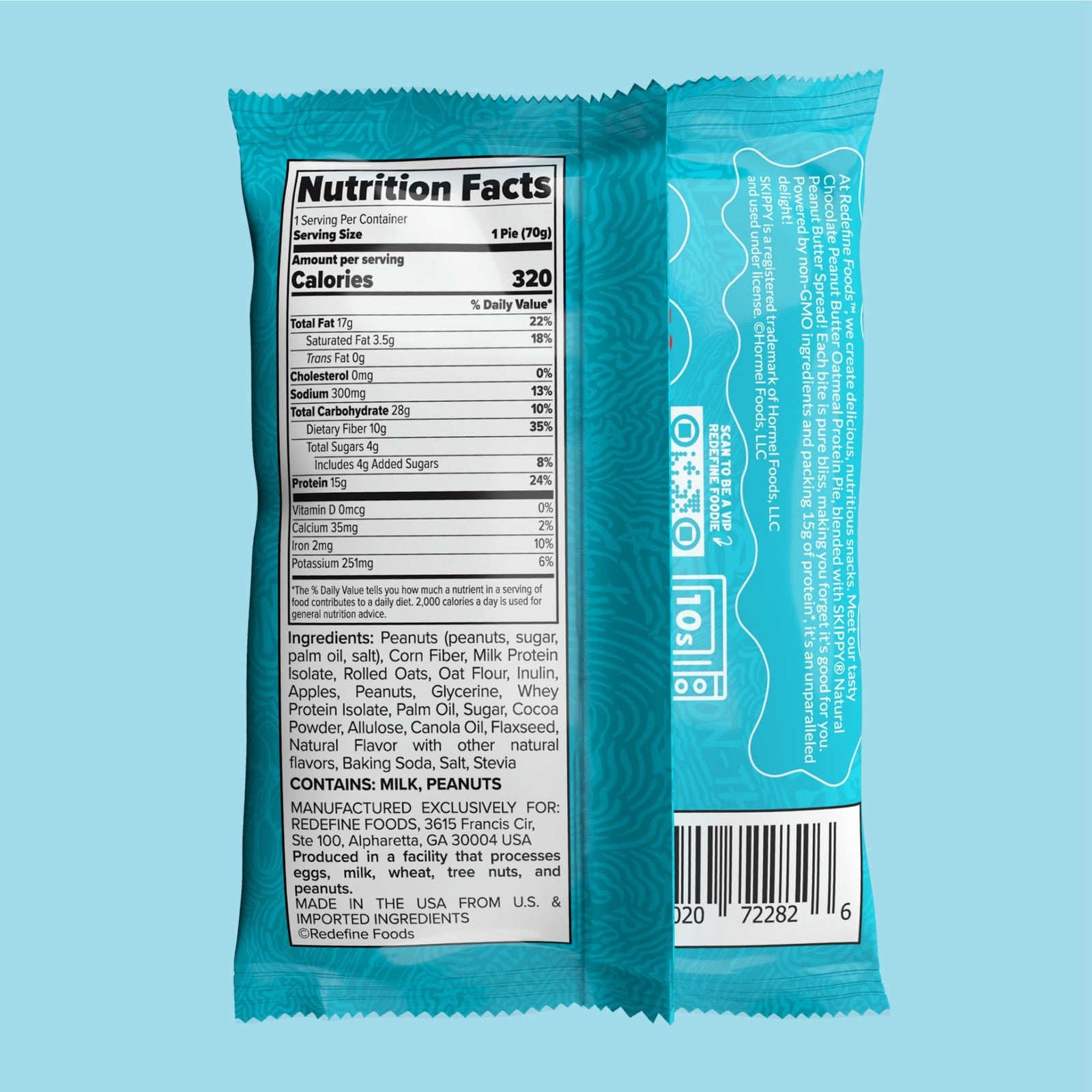 Redefine Foods Oatmeal Protein Pie with Skippy Chocolate flavor, 8-pack, featuring 15g of protein per pie, shown in the image.