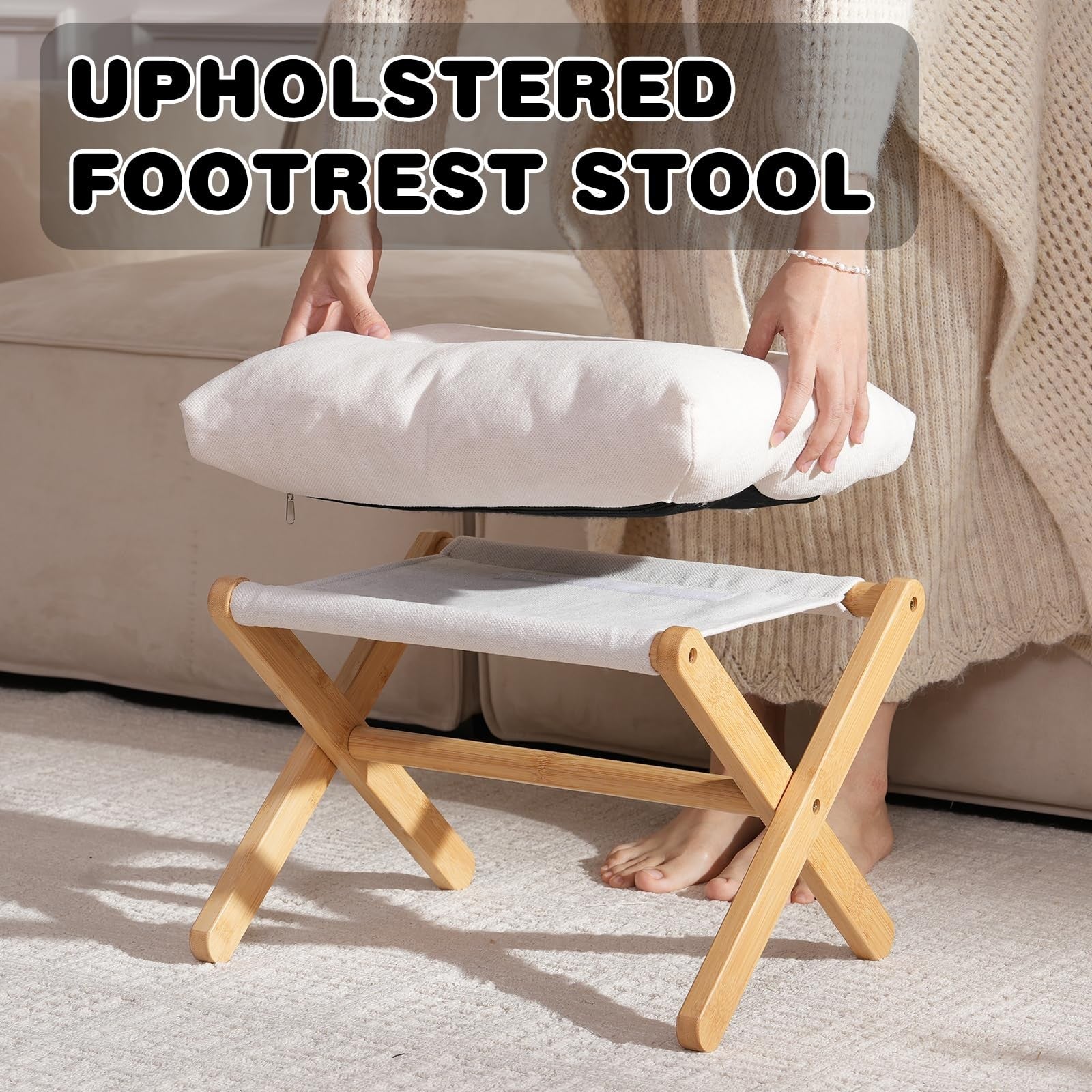 Baveke bamboo foldable ottoman foot rest with U-shaped design, small foot stool for living room or bedroom use