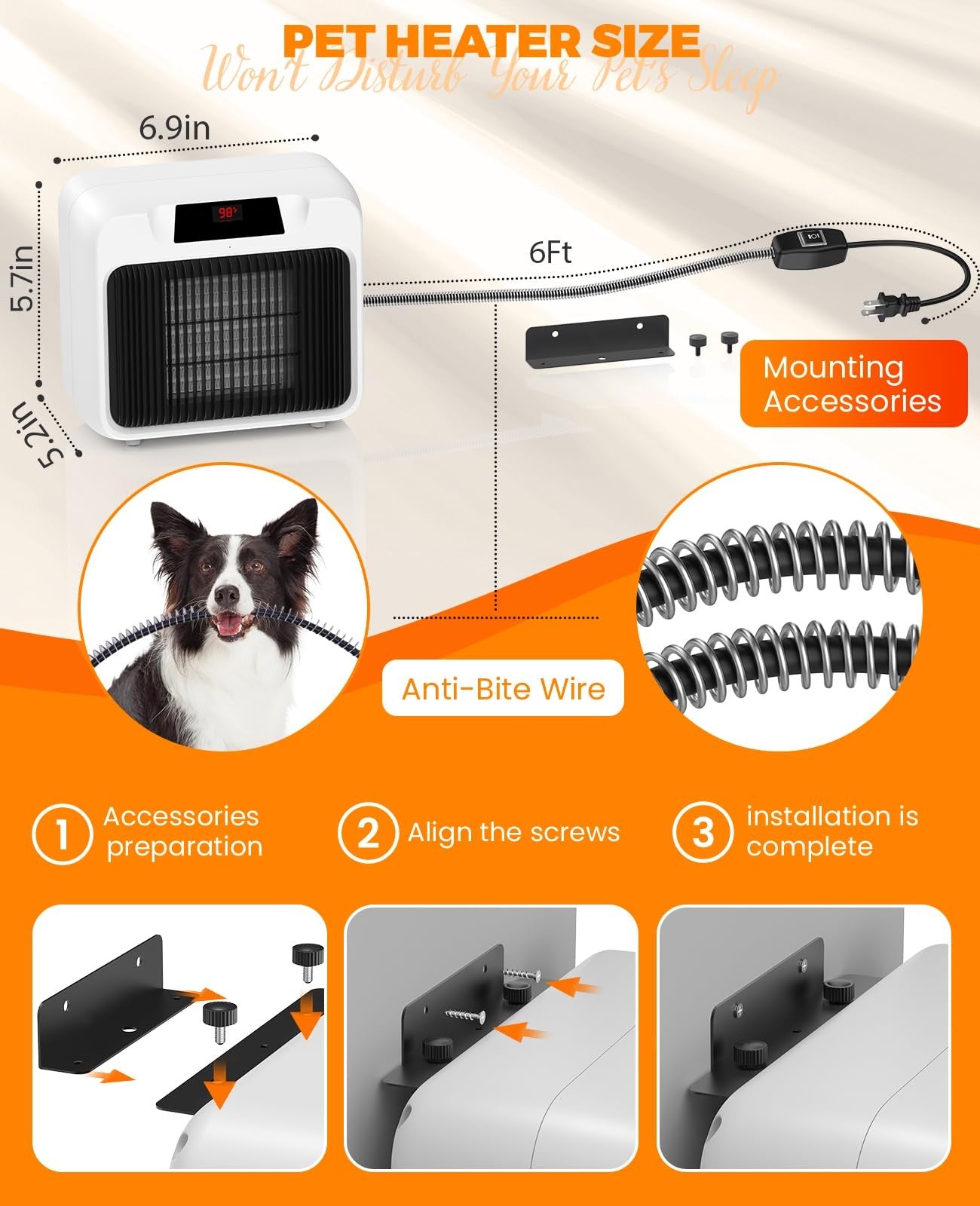 Yiabivo heated dog house with thermostat, 6ft anti-chew cord, suitable for outdoor use, providing warmth and comfort for pets.