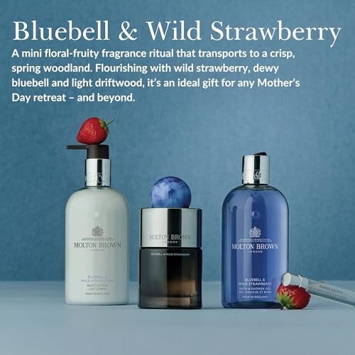 Molton Brown Bluebell & Wild Strawberry body wash in a 10 fl oz bottle with a colorful label and floral design.
