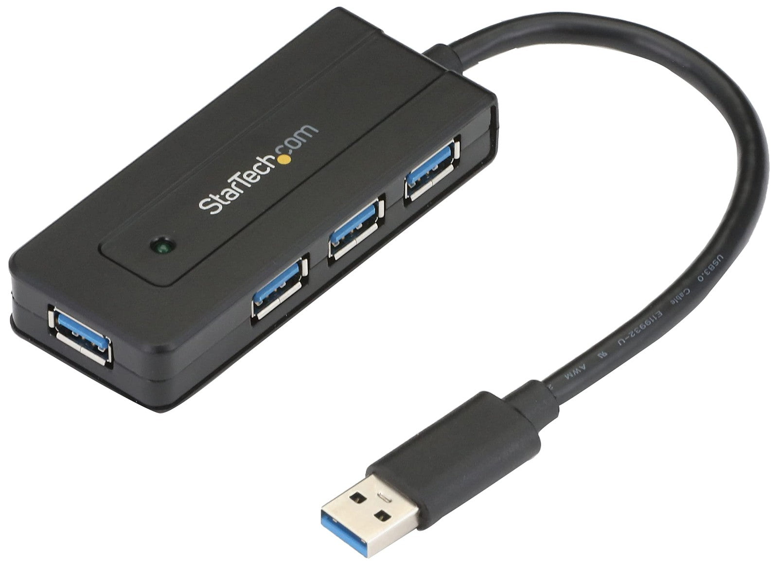 StarTech.com 4 port USB 3.0 hub with SuperSpeed 5Gbps and fast charge ports, compact and portable design with blue LED indicators