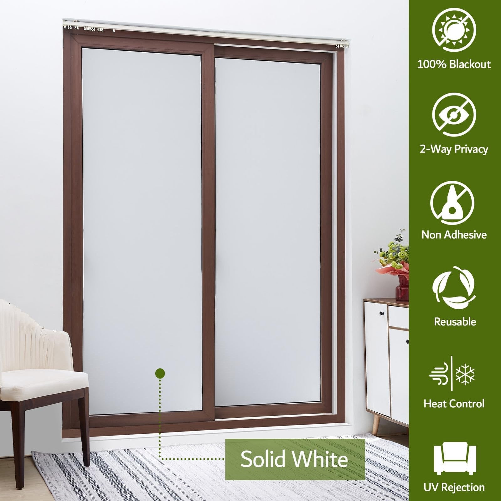 Velimax white blackout window film showing opaque, light-blocking design for privacy and sun protection on glass window.