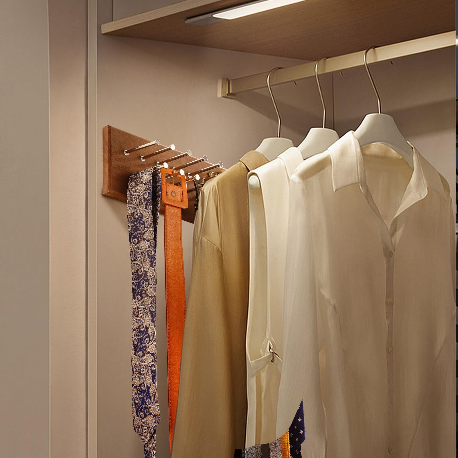 Treehouse London tie rack organizer holding multiple large ties, made of solid wood with sturdy metal hooks for storage.