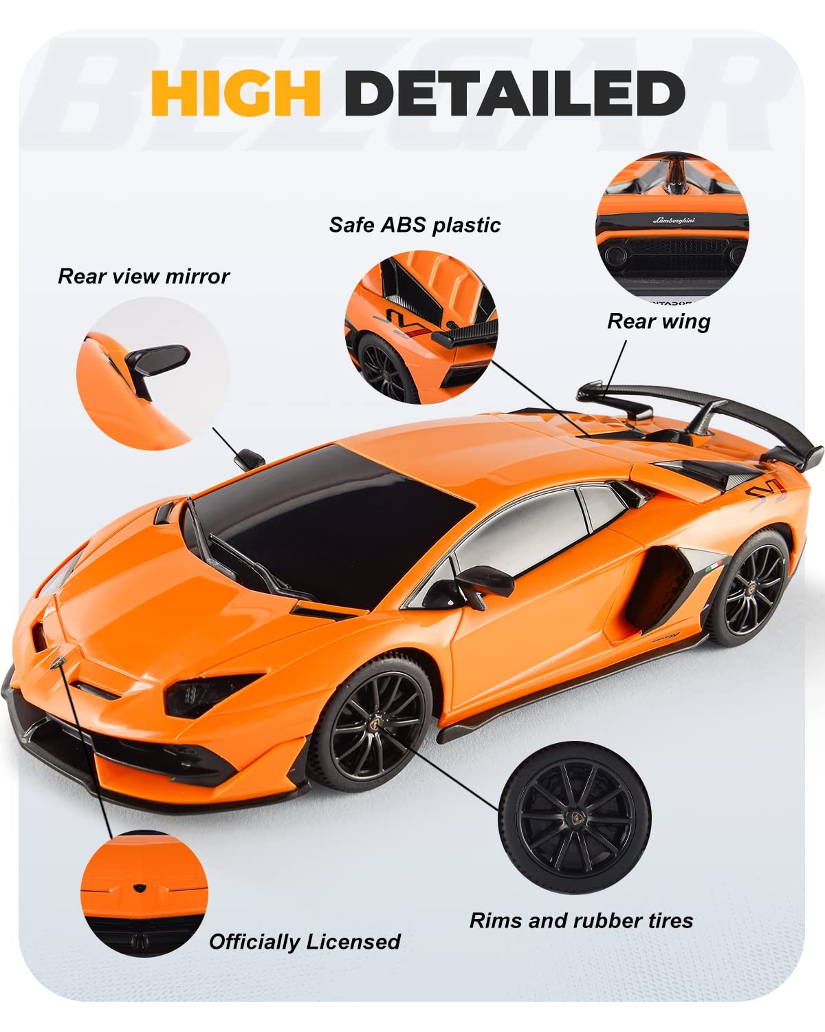 BEZGAR licensed RC 124 Lamborghini remote control car for kids, detailed toy car resembling a Lamborghini sports car.