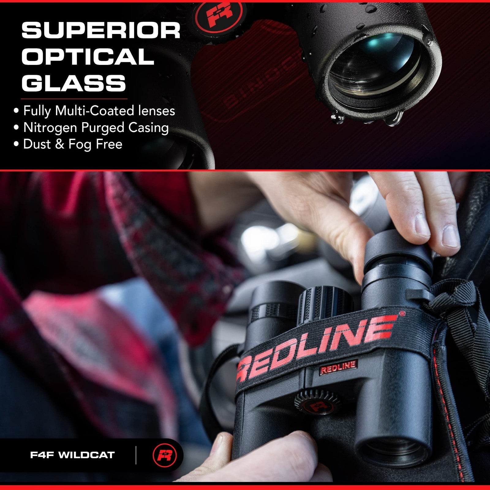 Red-Line Optics F4F Wildcat 8x25 binoculars with 7 prisms, ideal for hiking and hunting, shown with black body and textured grip