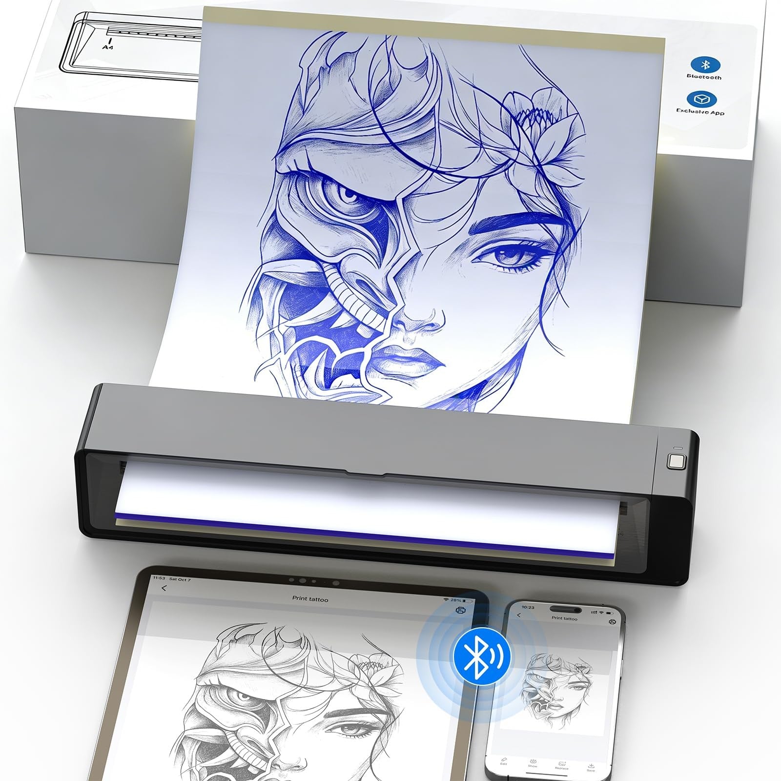 Wormhole Tattoo stencil printer with wireless Bluetooth connection and 2,500mAh battery, portable design for tattoo artists.