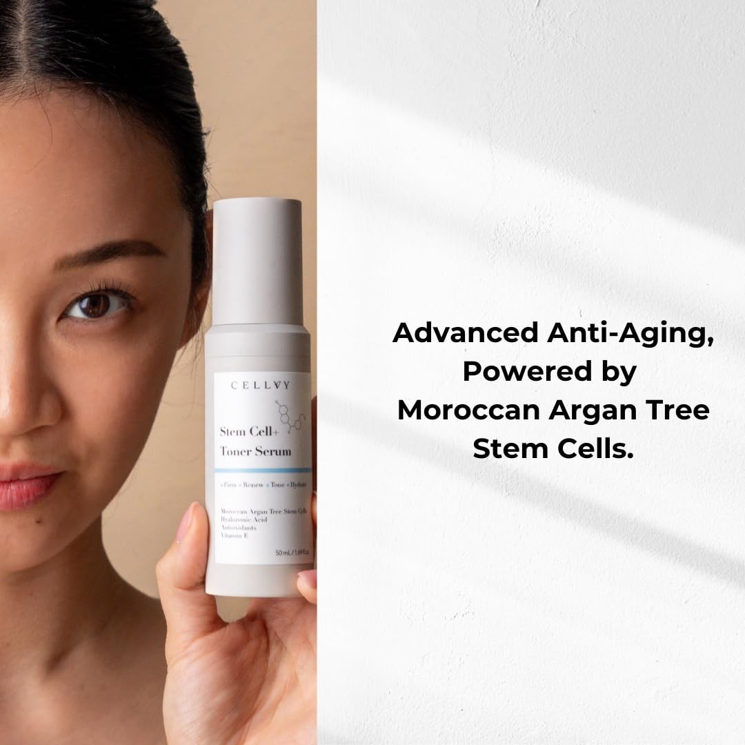 CELLVY Korean stem cell toner serum with Moroccan argan tree stem cells and hyaluronic acid in a sleek bottle.
