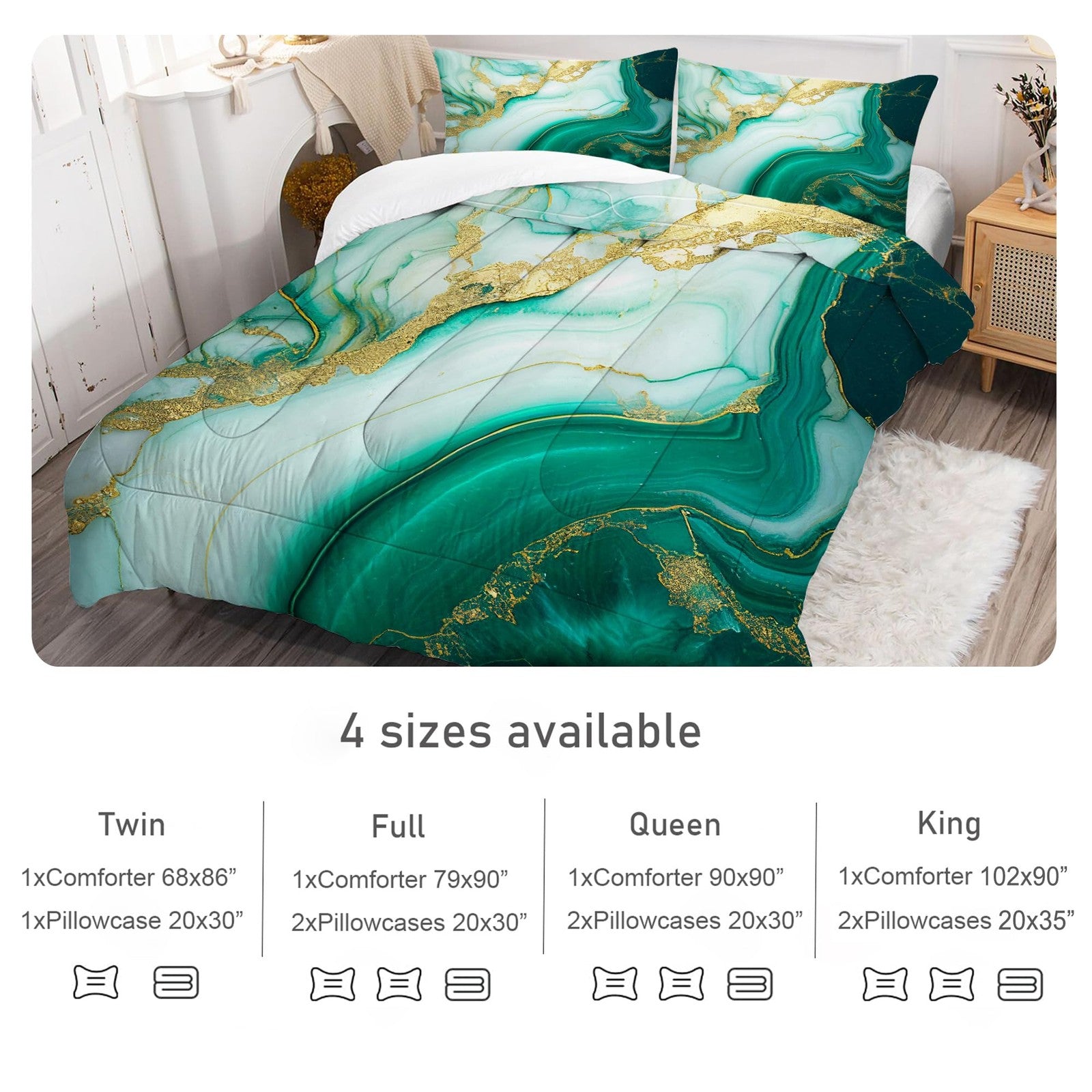 EDGZKO green marble comforter set in king size with emerald green and gold glitter bedding, featuring a luxurious marble pattern and plush fabric.