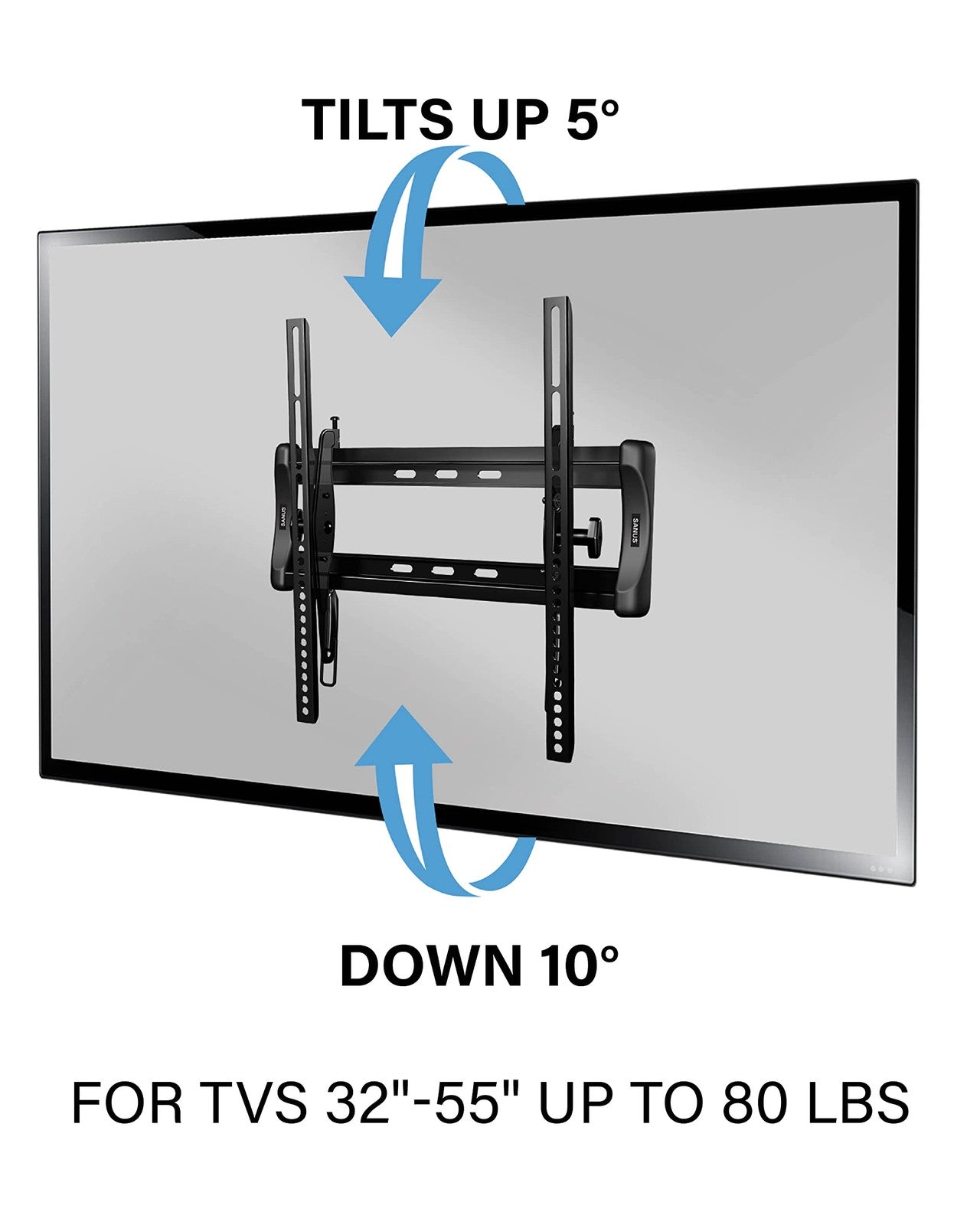 Sanus Universal Tilting TV Wall Mount for 32-55 inch TVs, showing the mount installed on a wall with a mounted screen.