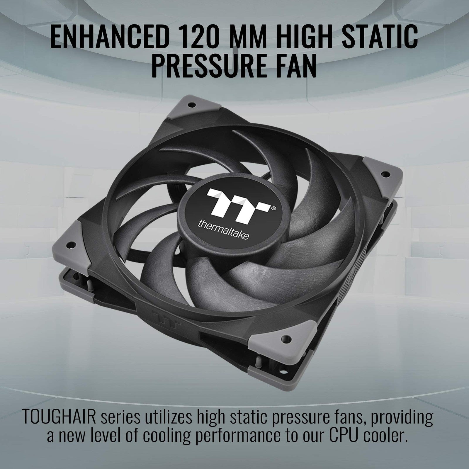 Thermaltake TOUGHAIR 110 CPU cooler with top flow design, 140W TDP, compatible with Intel and AMD sockets, shown from above.