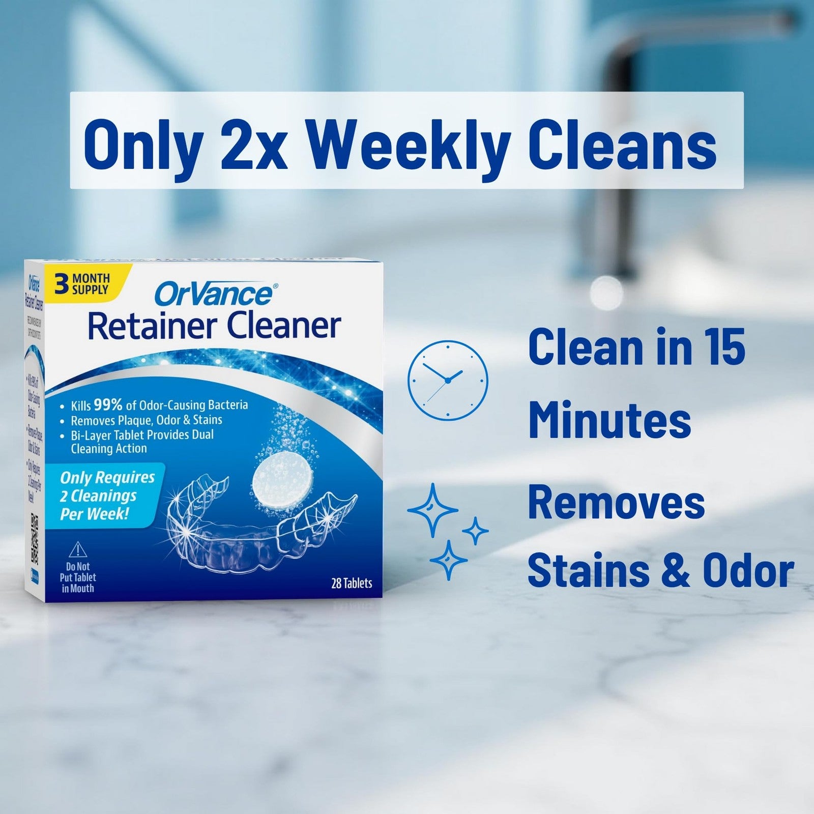 Unbranded Orvance retainer cleaner tablets for a 1-year supply, shown with a glass of water and retainer cleaning tablets.