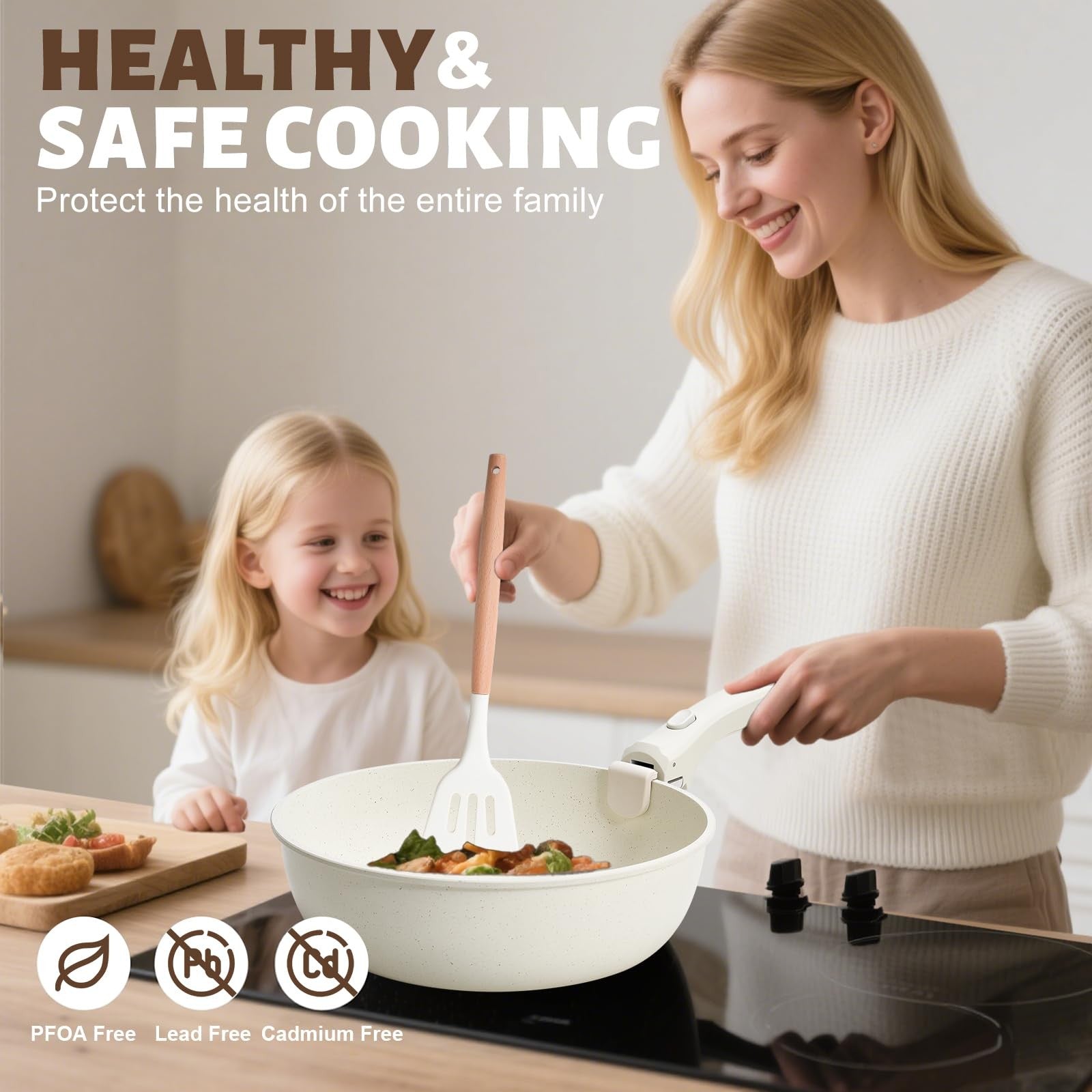 Numola 10-piece non-stick pot and pan set with detachable handles, ceramic cookware shown in a kitchen setting.