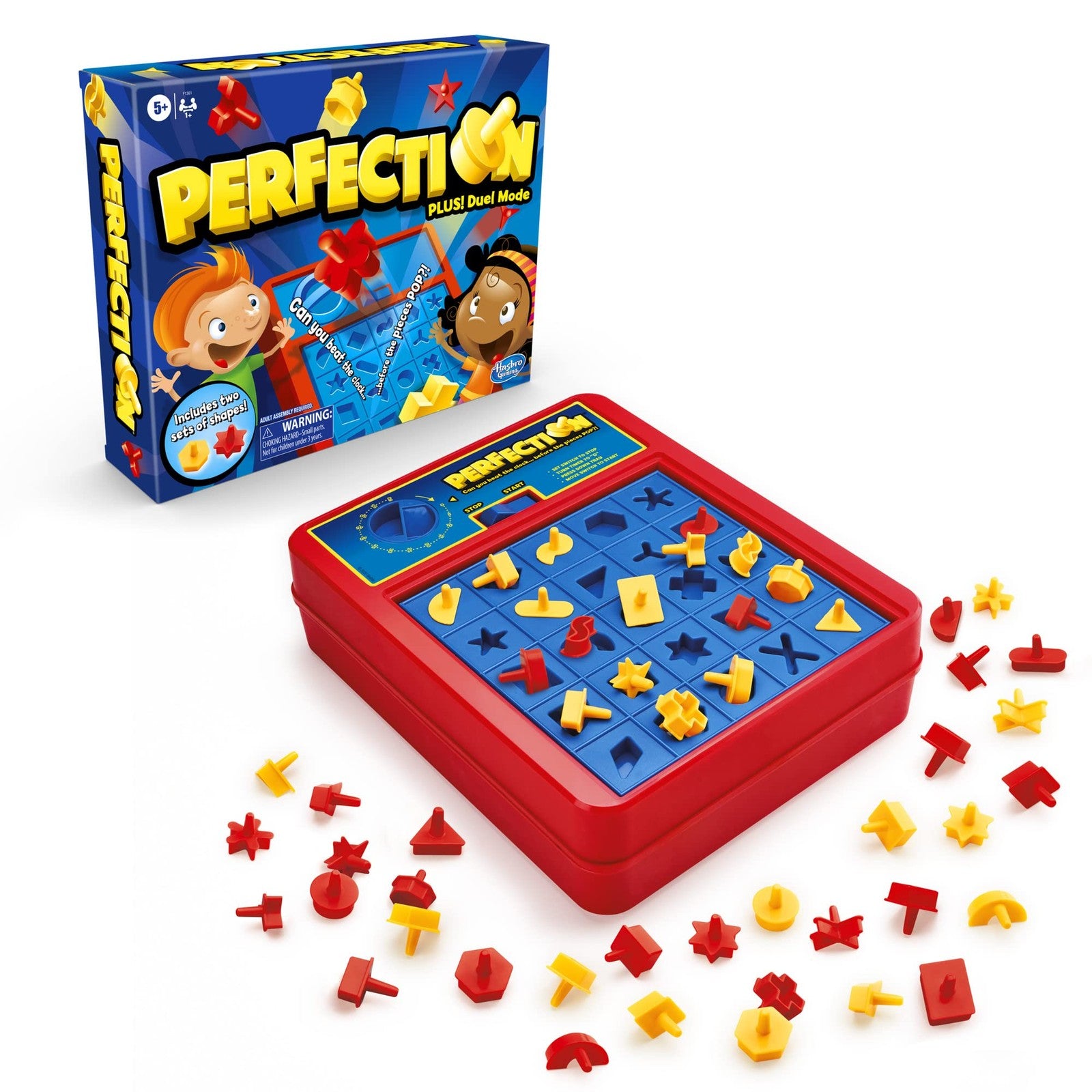 Two-player Hasbro Gaming Perfection Plus game with colorful popping shapes and game pieces for ages 8 and up.