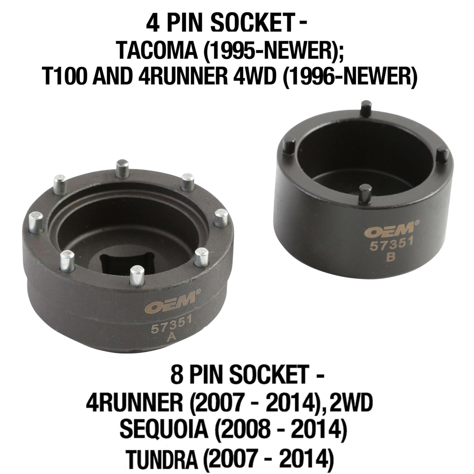 OEMTOOLS 57351 8 and Toyota 4-pin hub locknut socket for removing and installing locknuts on vehicles, with a black metal socket and pins.