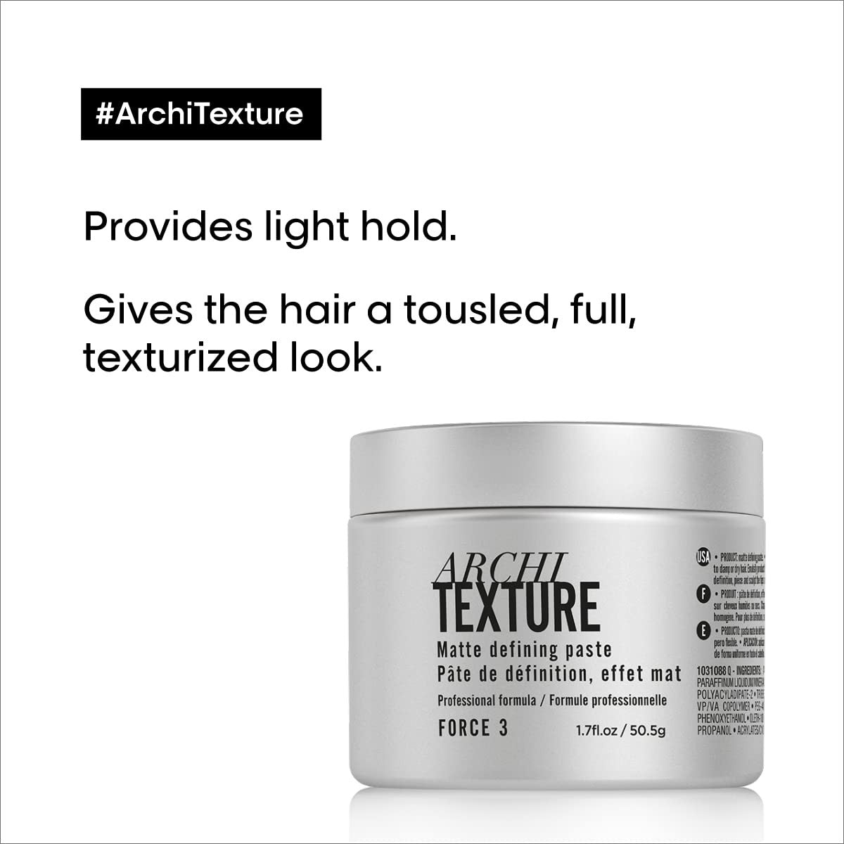 L'Oréal Professionnel Paris Architexture medium hold texturizing pomade jar with product label and black lid.