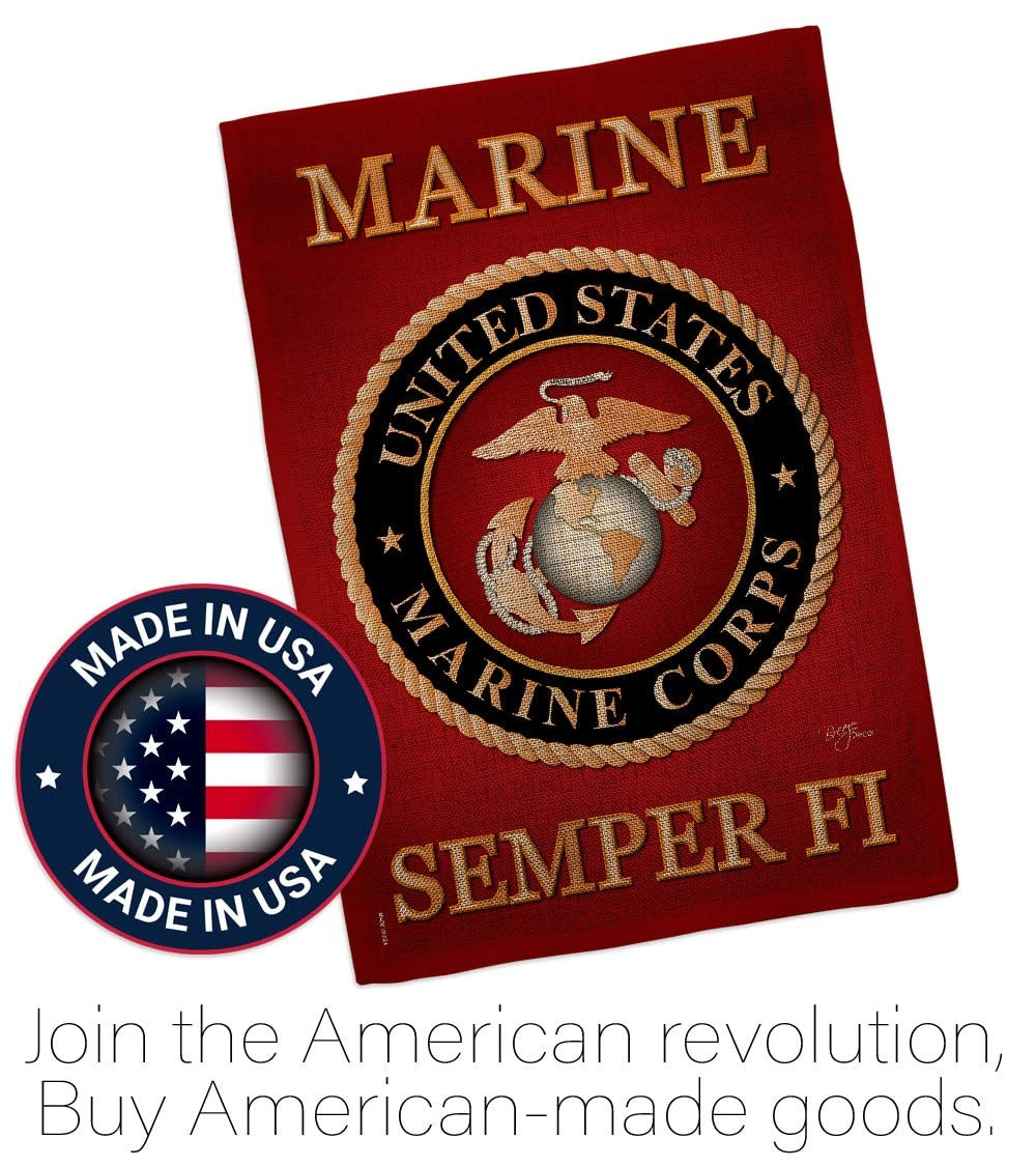 Marine Corps burlap garden flag by Breeze Decor featuring USMC emblem, designed for outdoor display on garden flag stand.