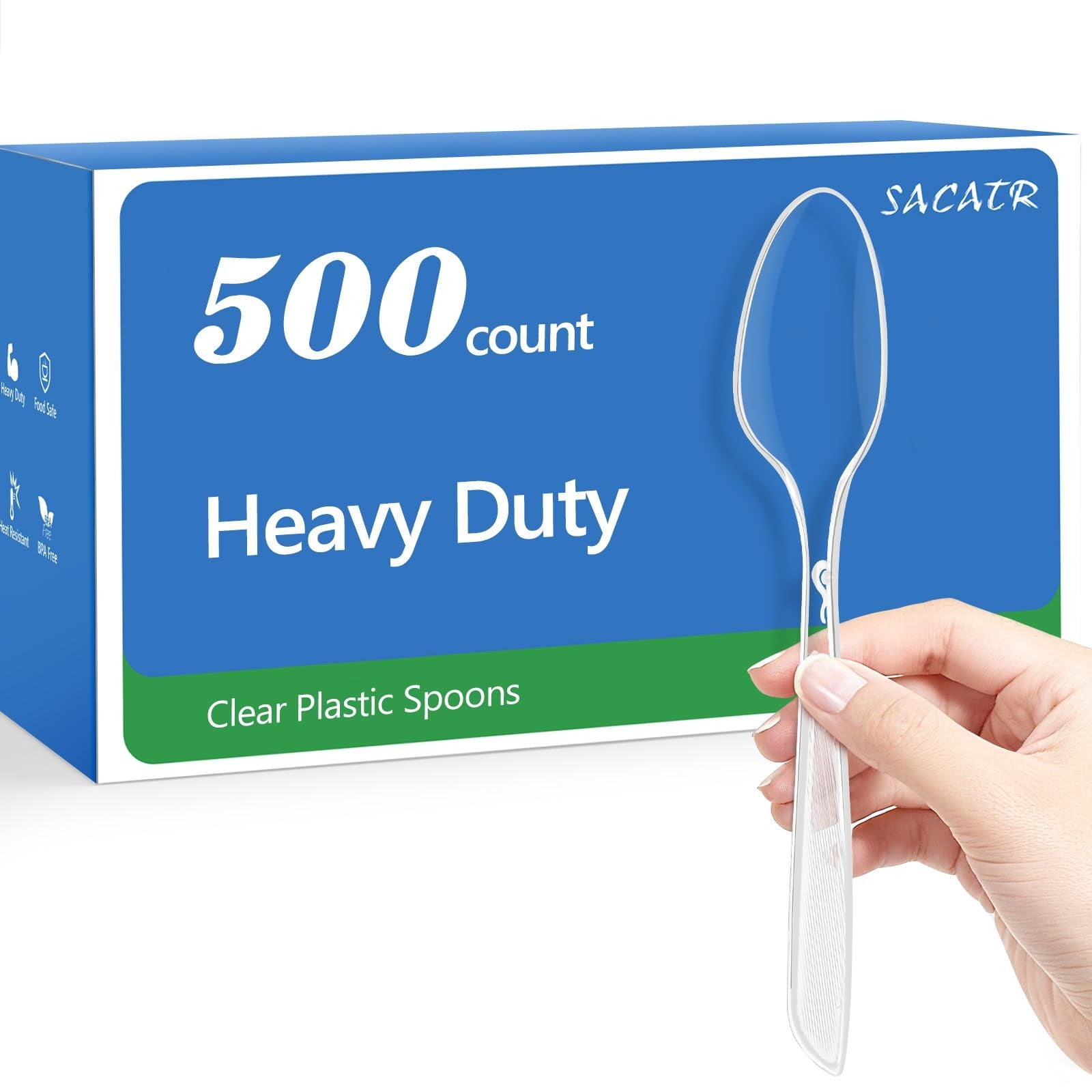Set of 10 clear plastic spoons by SACATR, heavy duty, BPA-free, heat resistant disposable utensils for dining or catering use.