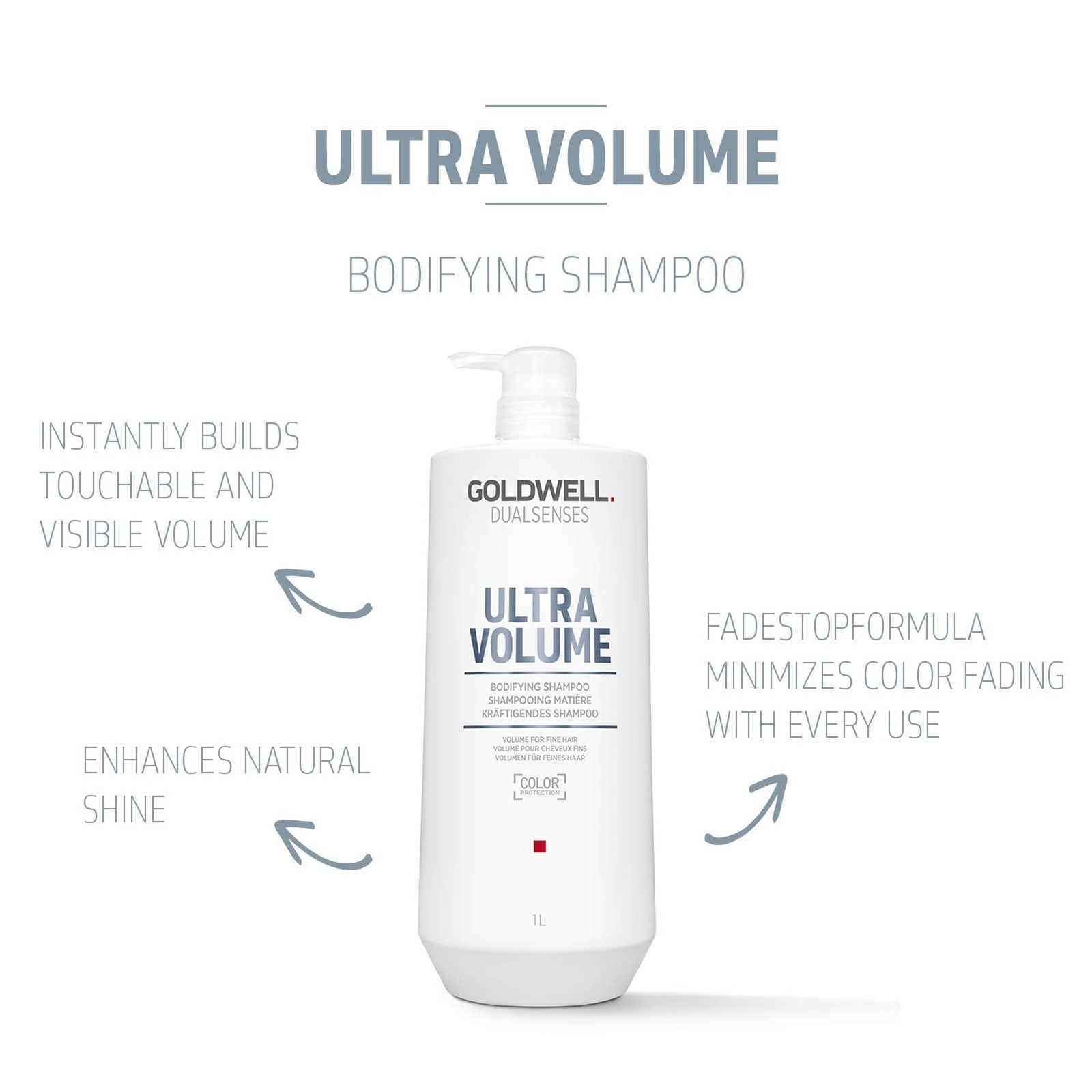 Goldwell Dualsenses Ultra Volume Bodifying Shampoo bottle, 1L, with gold and blue packaging, designed to add volume to hair.