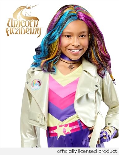 Kids girl costume from Rubies Unicorn Academy featuring Sophia Mendoza, with colorful unicorn-themed dress and accessories.