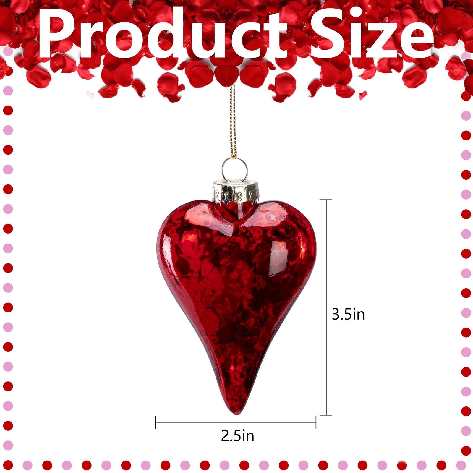 LFUTARI 12-pack of 3.5-inch antique red glass heart ornaments for Valentine's Day, with reflective glass surface and decorative string loops.