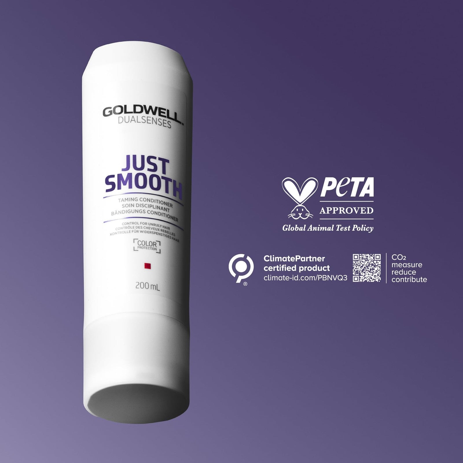 Goldwell Dualsenses Just Smooth anti-frizz conditioner bottle with label and cap, designed for humidity control and smooth hair.