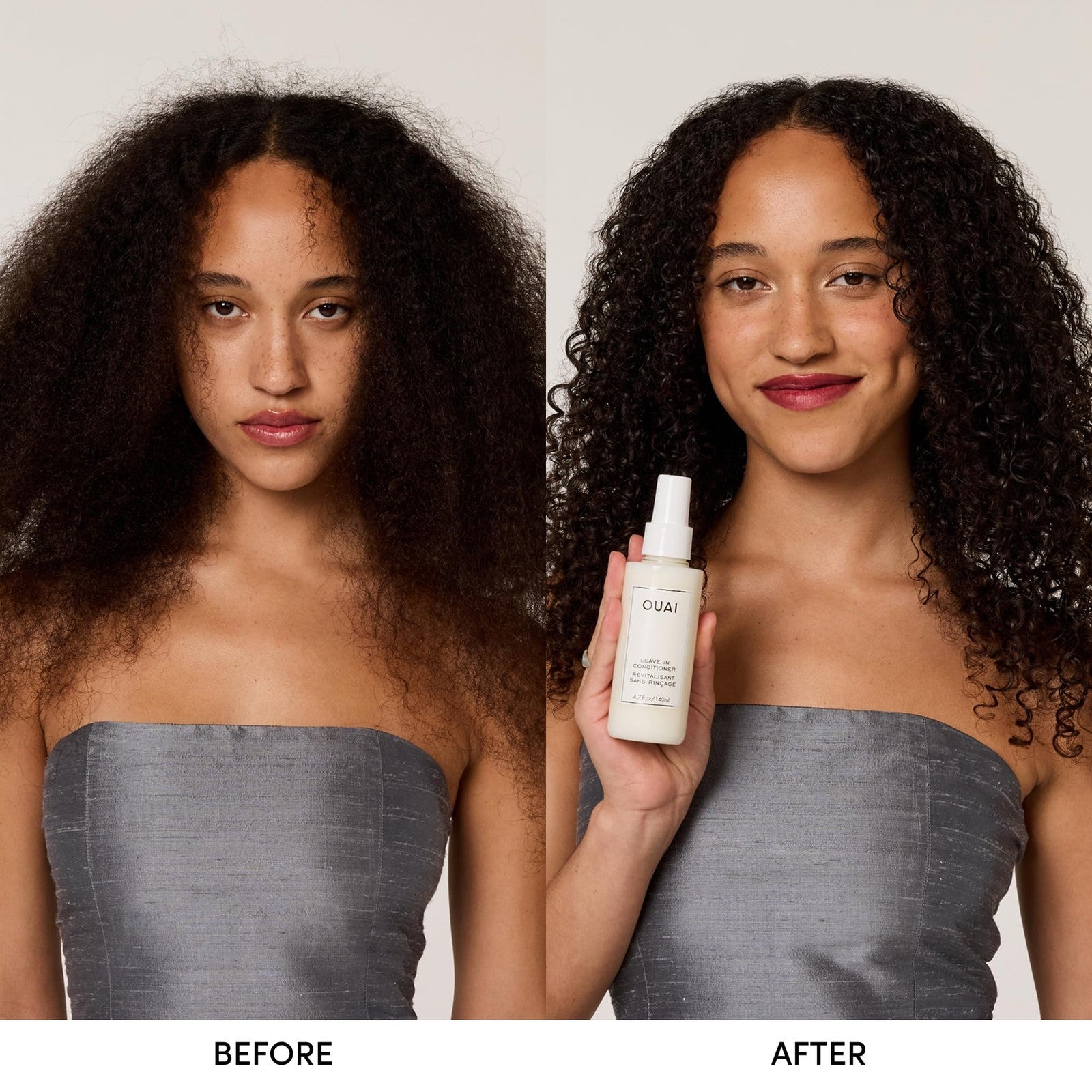 OUAI Leave-In Conditioner Heat Protectant Spray bottle, 4.7oz, designed to reduce frizz, detangle, and add shine to hair.