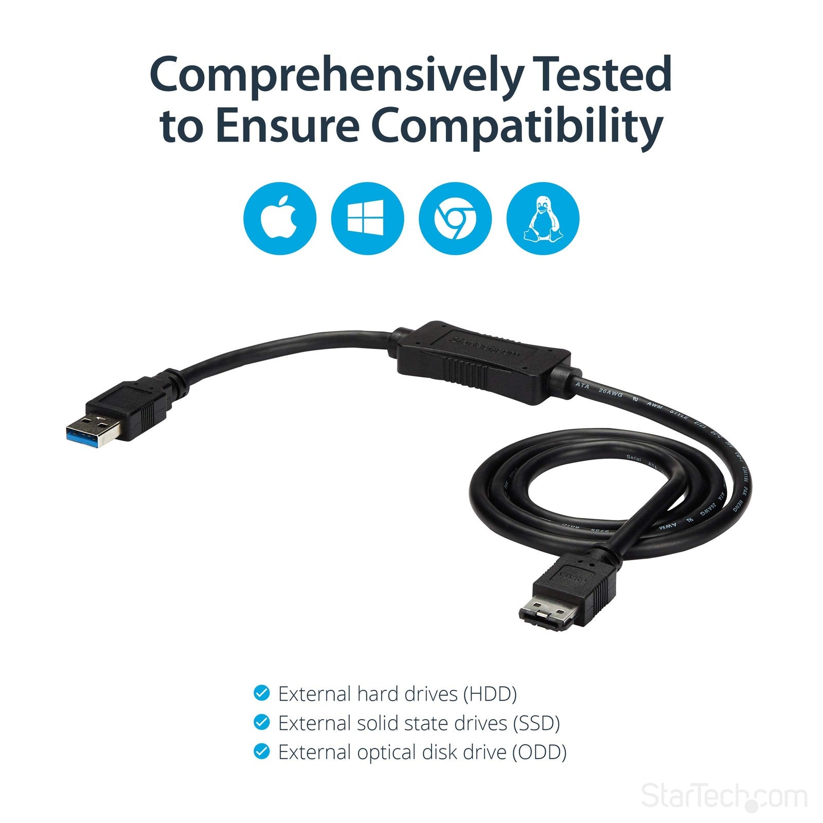 StarTech 3 ft USB 3.0 to eSATA adapter cable connected to a hard drive for fast data transfer and device connection.