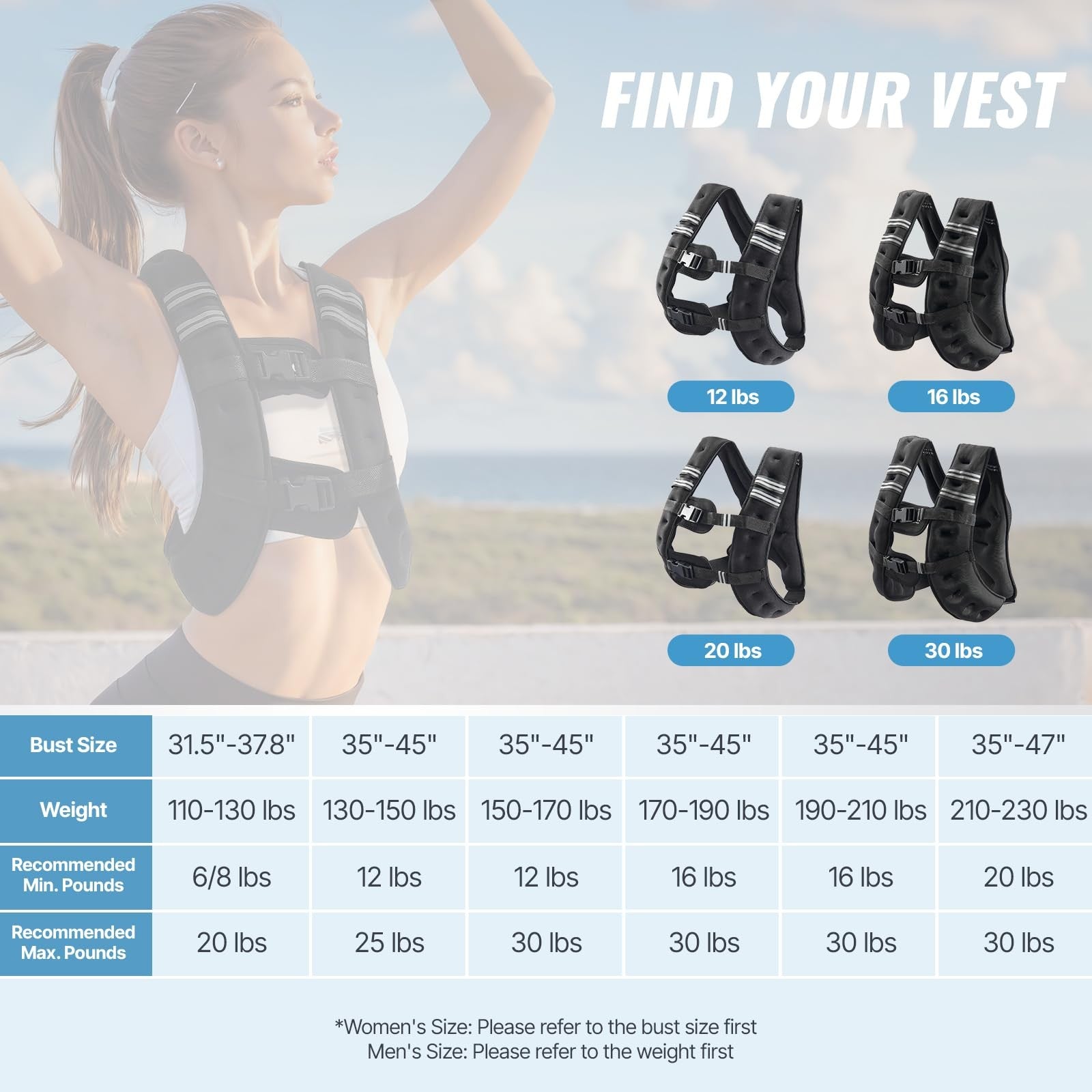 VEVOR 12 lb weighted vest with reflective stripe, adjustable straps and buckles, designed for fitness and training.
