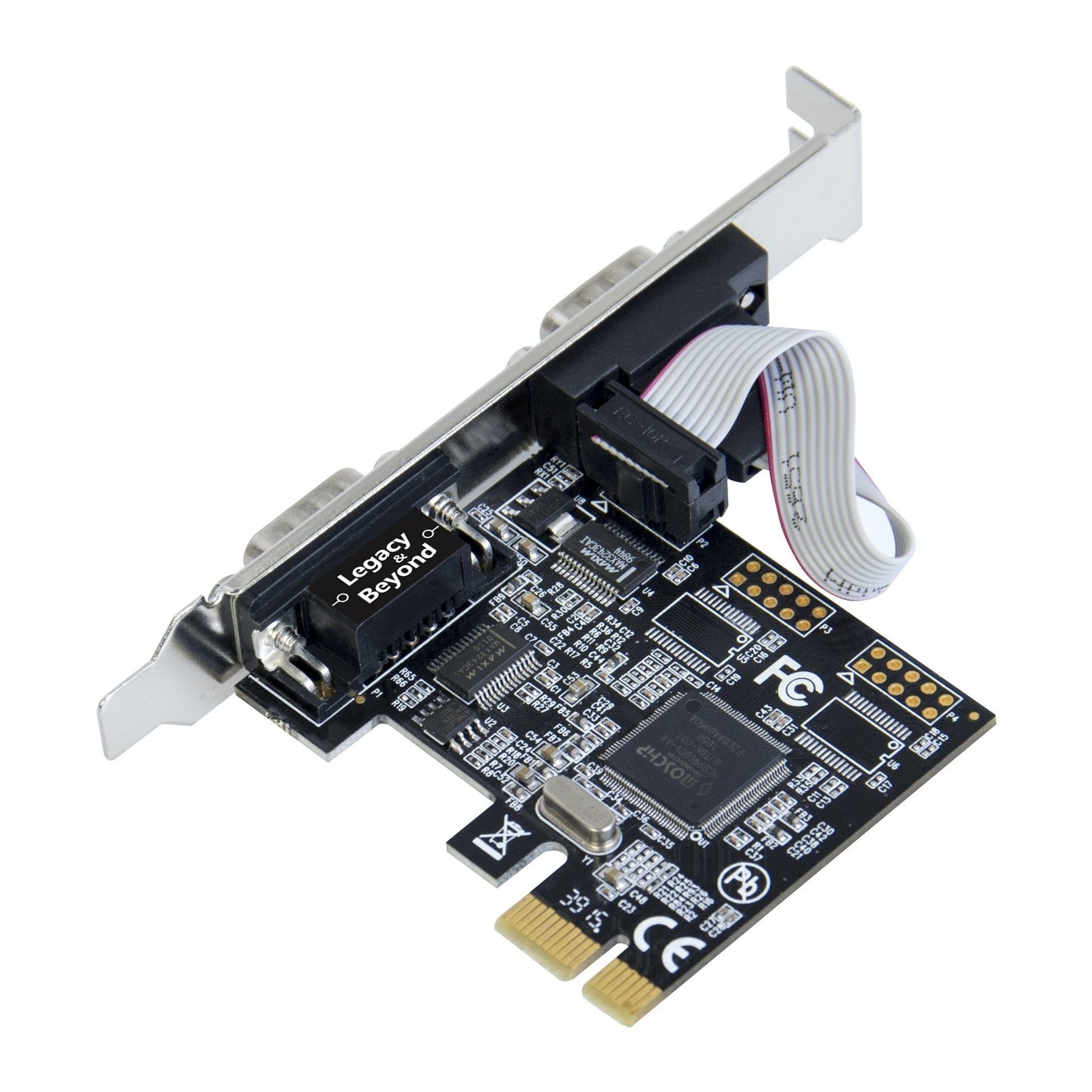 SIIG Legacy and Beyond Series 2 Port PCIe Serial RS-232 Card with 16C55 chips, showing the black PCIe card with serial ports