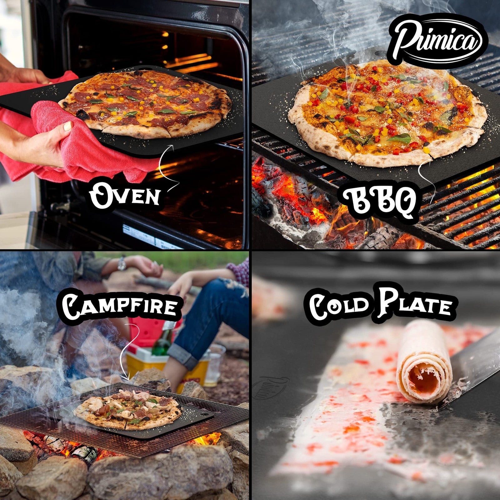 Primica pizza steel for oven grill, 13.6 x 13.6 inches, showing a freshly baked pizza crust on the steel surface.