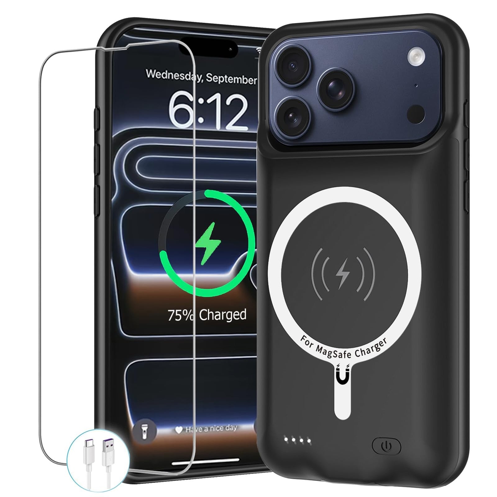 MAXBEAR iPhone 17 Pro battery case with 10000mAh wireless charging power pack for 6.3-inch iPhone, shown in the image.