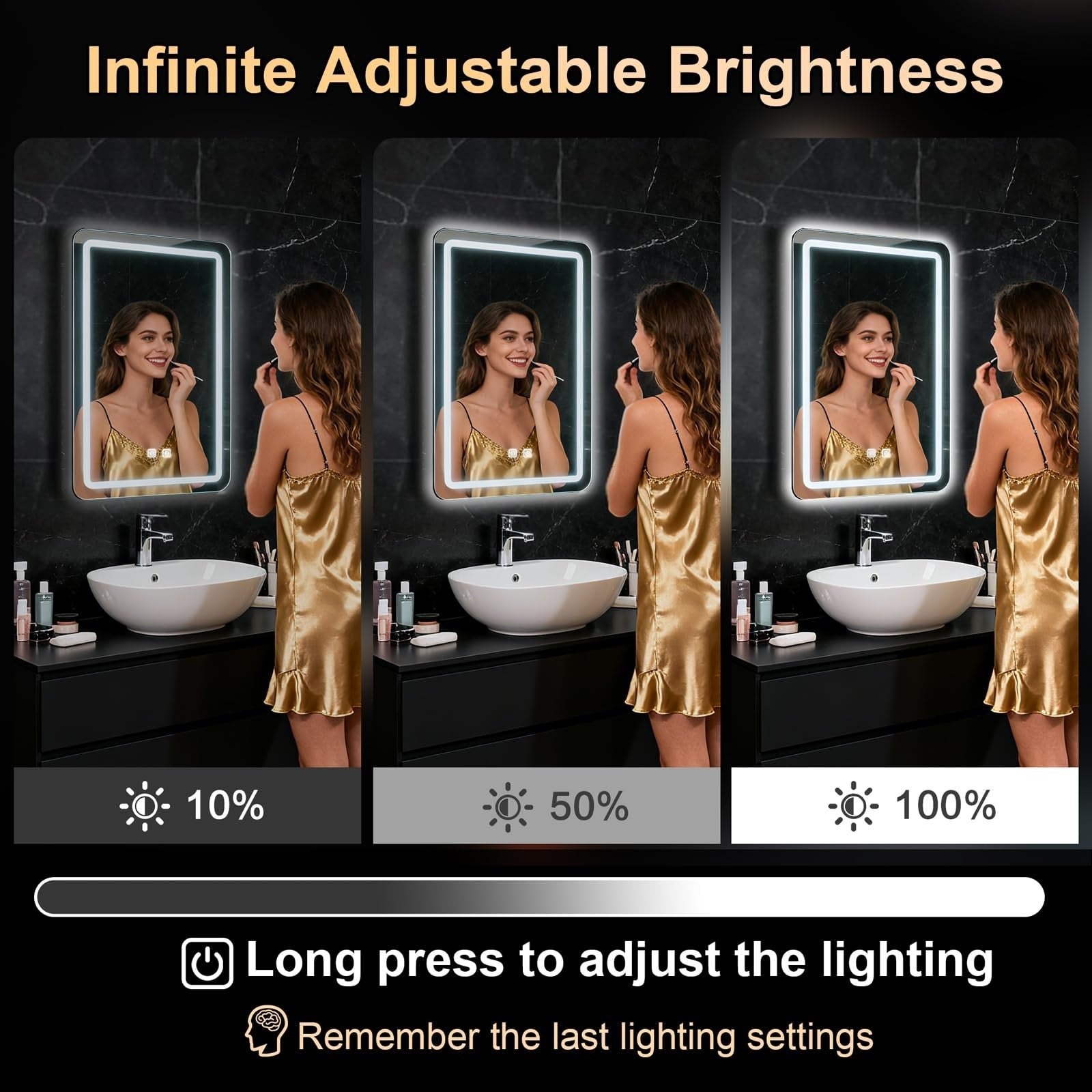 WARM&LOVE LED bathroom mirror, 16x24 inches with anti-fog and built-in lighting, featuring stepless dimming for modern bathroom decor.