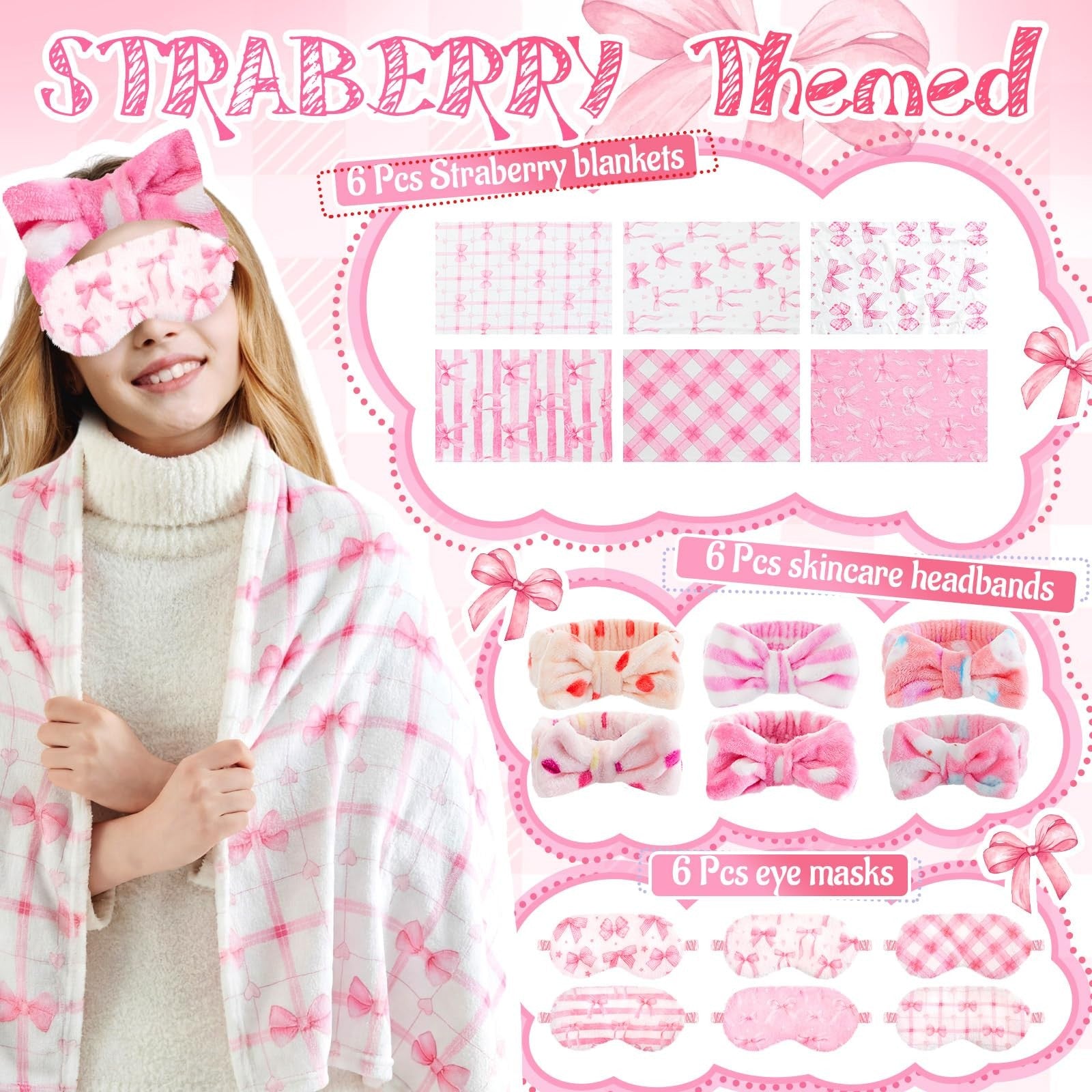 Fanfanwin 18-piece sleepover party supplies for girls featuring six styles of adorable pink bow decorations and blank tags.