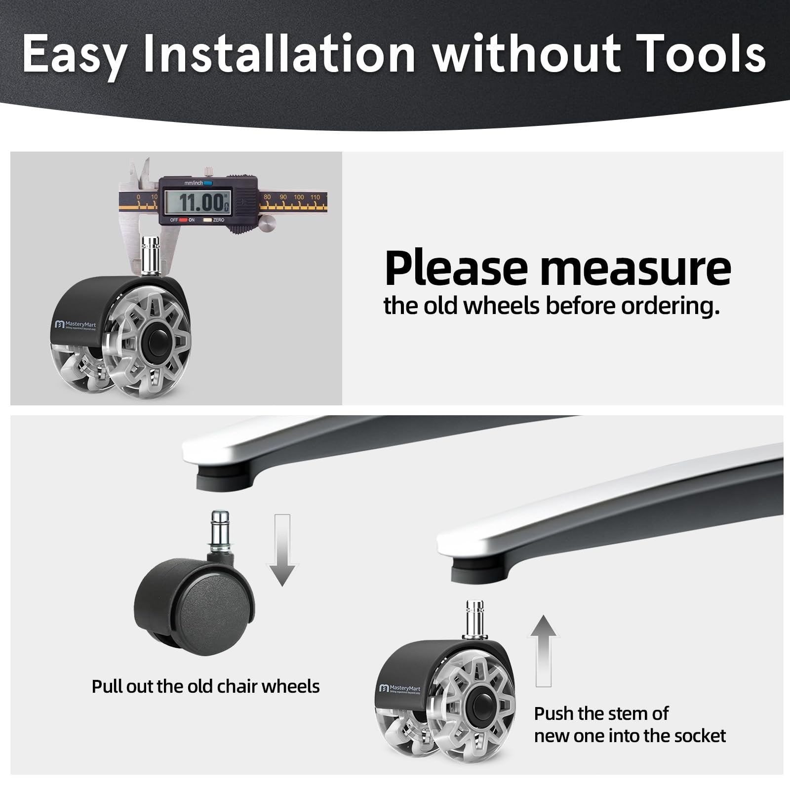 Heavy-duty 2.5-inch office chair wheels replacement set by MASTERY MART, designed for smooth rolling on carpet surfaces.