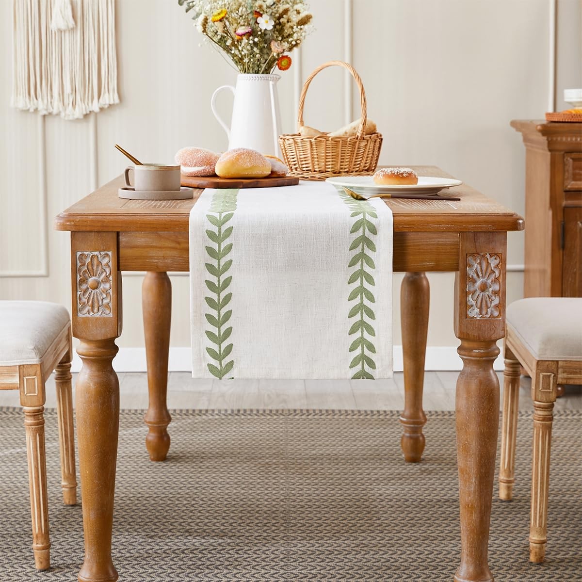 Aoztio rustic embroidered table runner with irregular willow leaf design, 13x108 inches for decorative dining table setting
