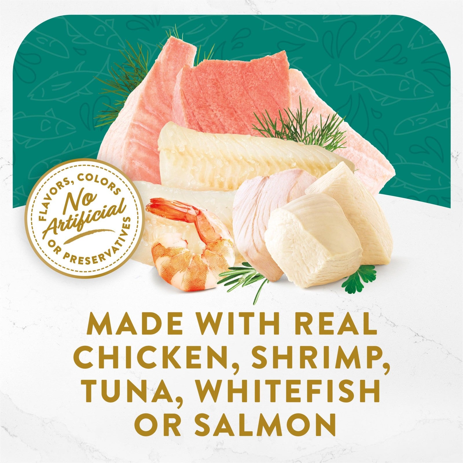 Fancy Feast Broth Complement chicken and seafood lickable grain-free wet cat food in a clear bowl with visible broth and shredded ingredients.