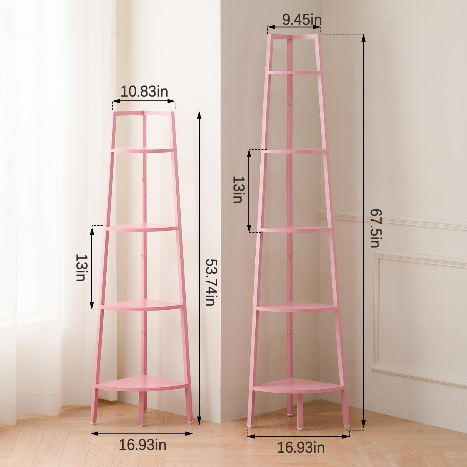 Yoobure 5-tier corner bookshelf with metal frame and ladder design, shown in a corner with books and decorative items.