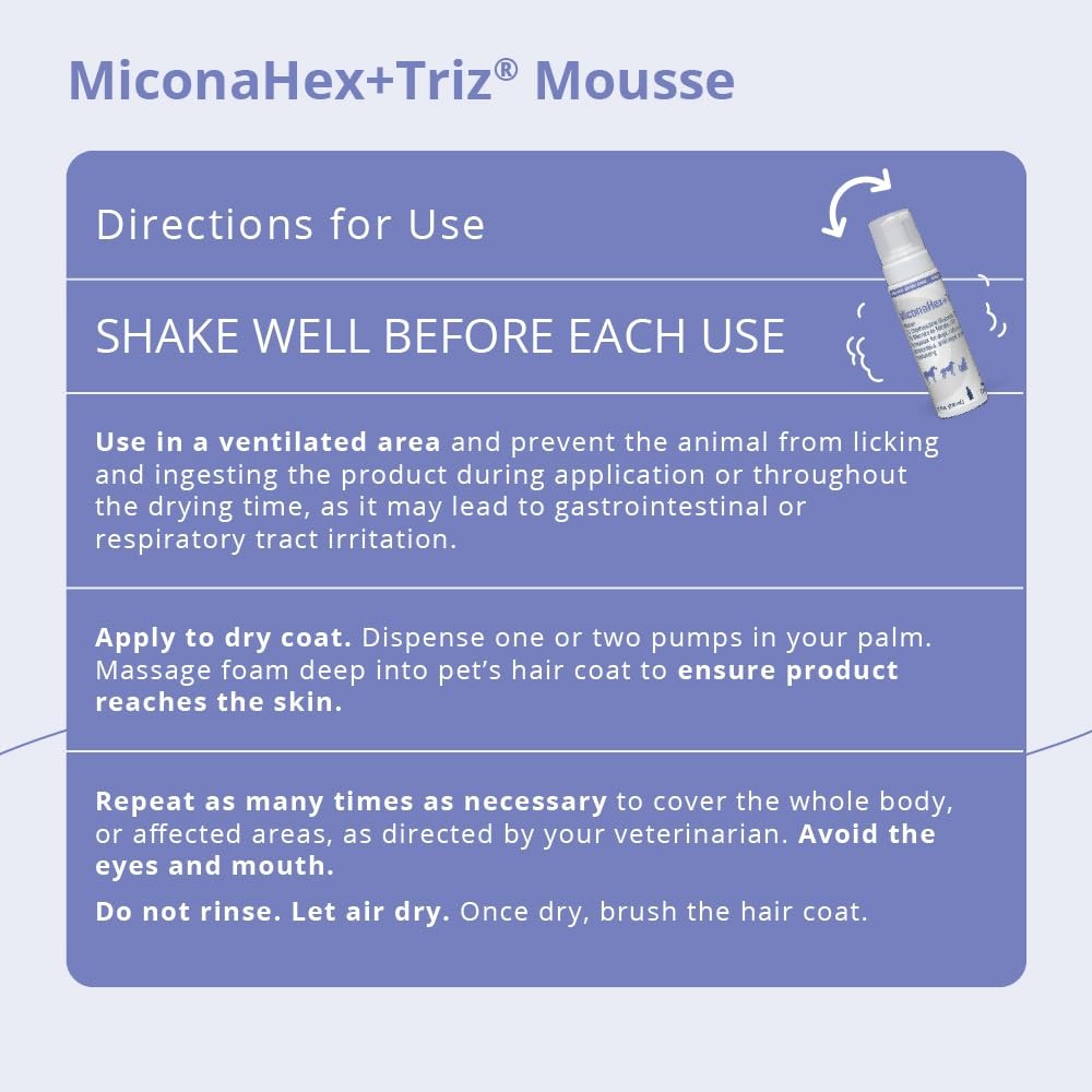 MiconaHex+Triz Mousse for dogs, cats, and horses, 7.1 oz, showing foam applicator and clean animal skin and coat.