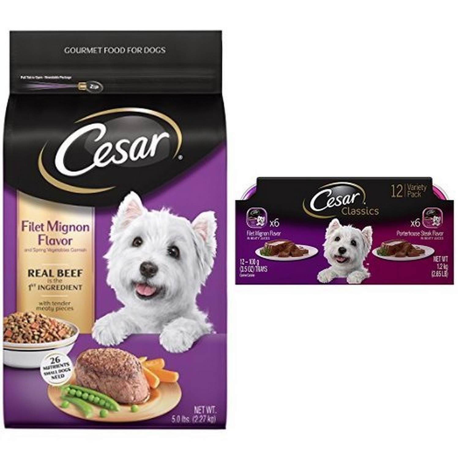 Cesar small dog food variety pack with a 5 lb bag of Cesar Filet Mignon flavor, featuring colorful packaging and dog food containers