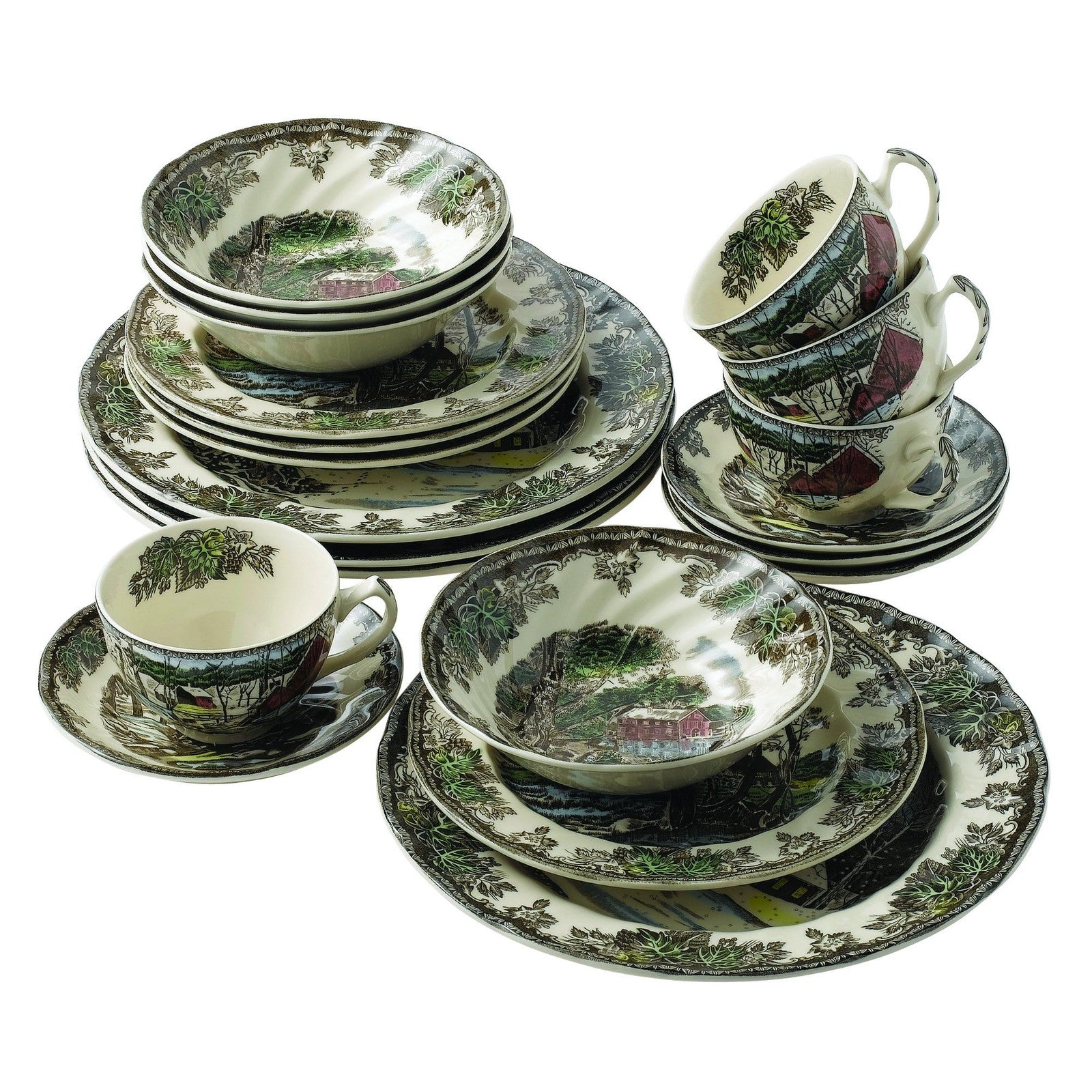 Johnson Brothers Friendly Village 20-piece dinnerware set with multicolor ceramic plates and bowls arranged on a table.