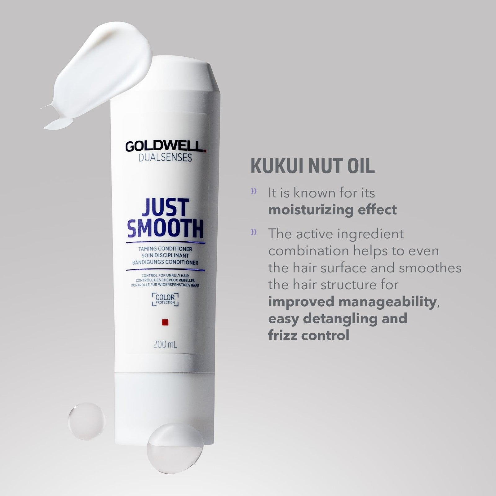 Goldwell Dualsenses Just Smooth anti-frizz conditioner in a sleek bottle, designed to tame frizz and control humidity for smooth hair.