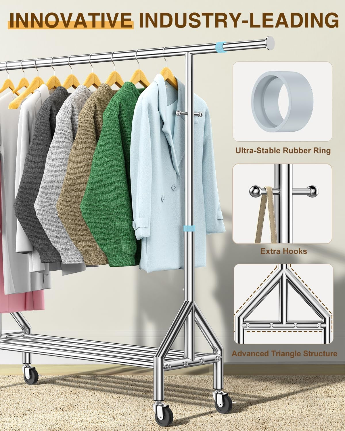 Fybee upgraded stainless steel clothing rack with heavy-duty load capacity of 760 lbs, featuring a sturdy, modern design.
