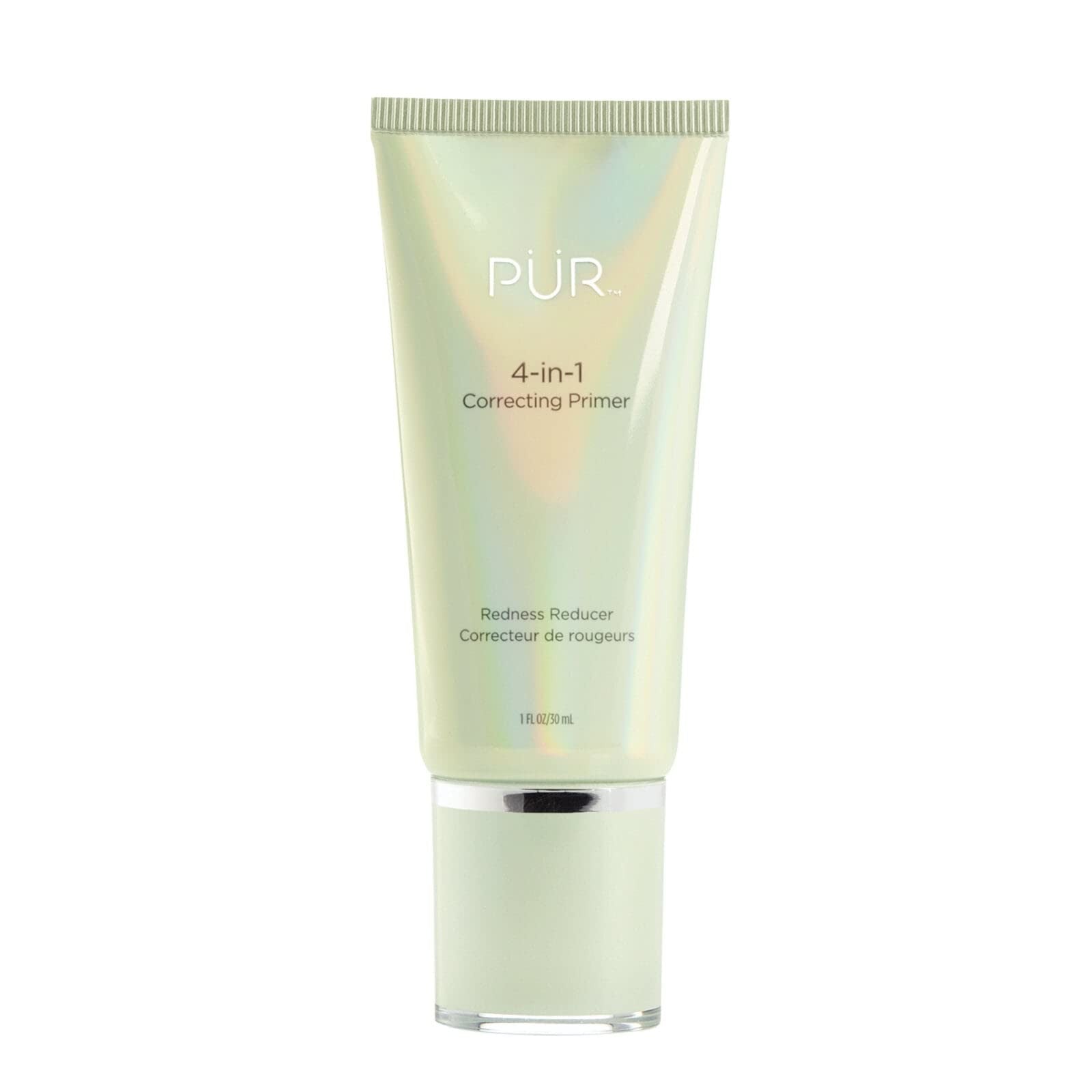 PÜR MINERALS 4-in-1 Correcting Primer for face, showing smooth, even skin with redness reduction before makeup application.