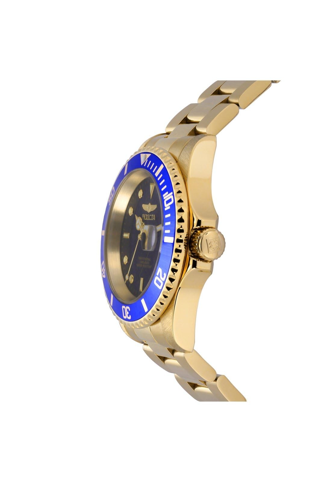 Invicta Men's Pro Diver quartz watch with stainless steel band, gold accents, and blue dial.