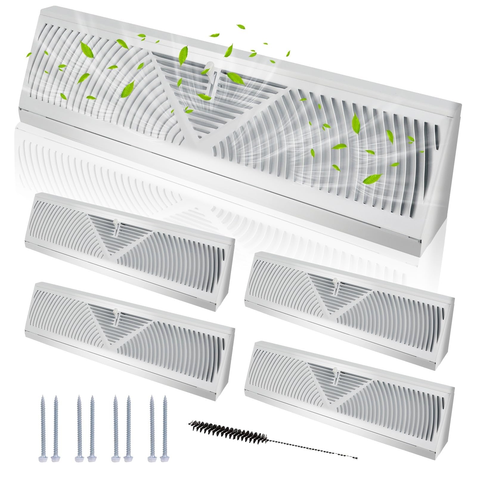 Swess 4-piece set of 15-inch white baseboard register vents with air diffusers for home heating and cooling.