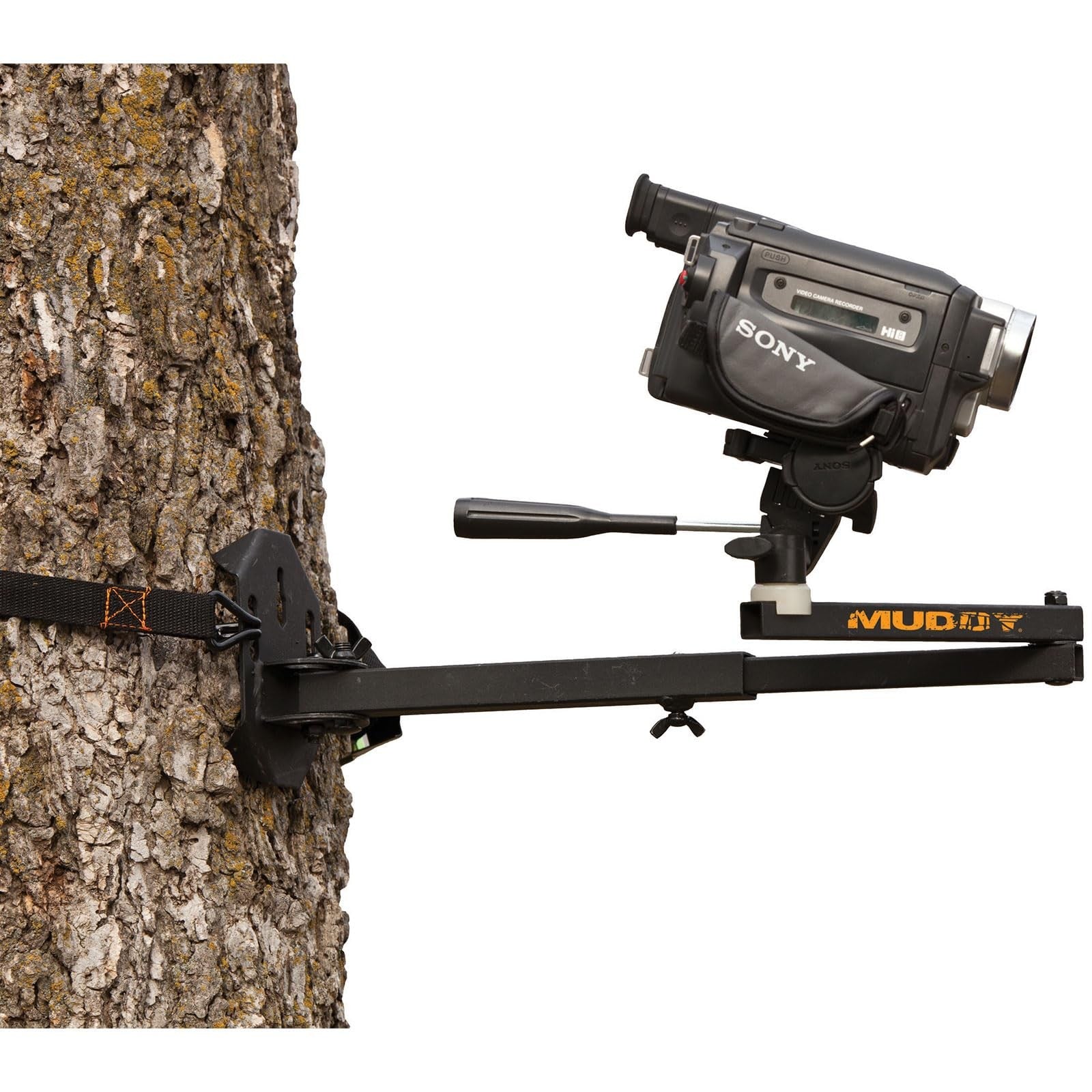 Muddy Basic Trail Camera Arm with pan head for precise positioning of game cameras, shown mounted on a tree in the outdoors.