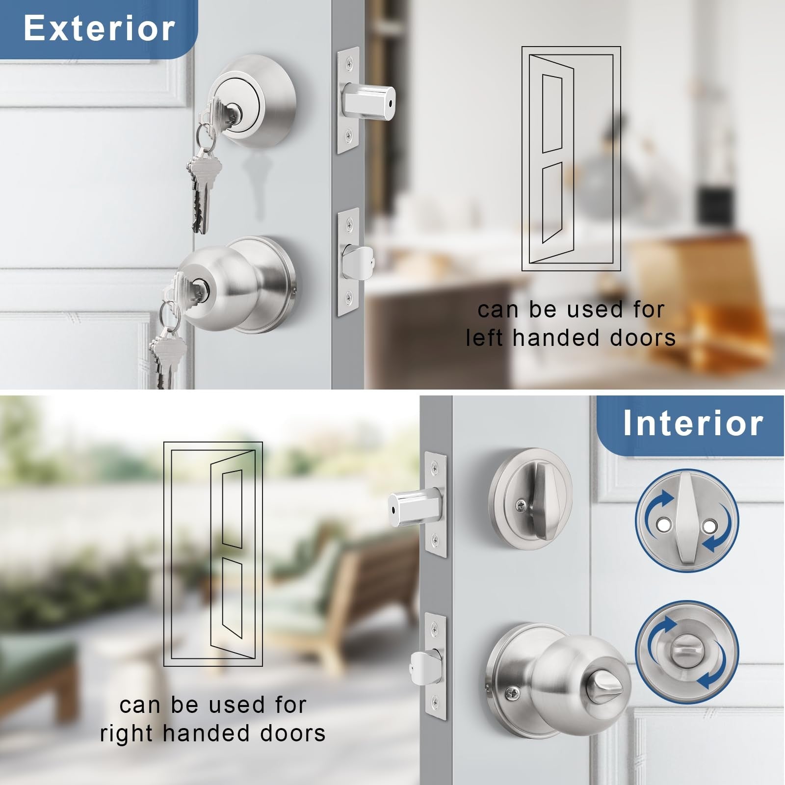 Knobonly keyed alike exterior door knob with round stainless steel deadbolt lock for outdoor security.