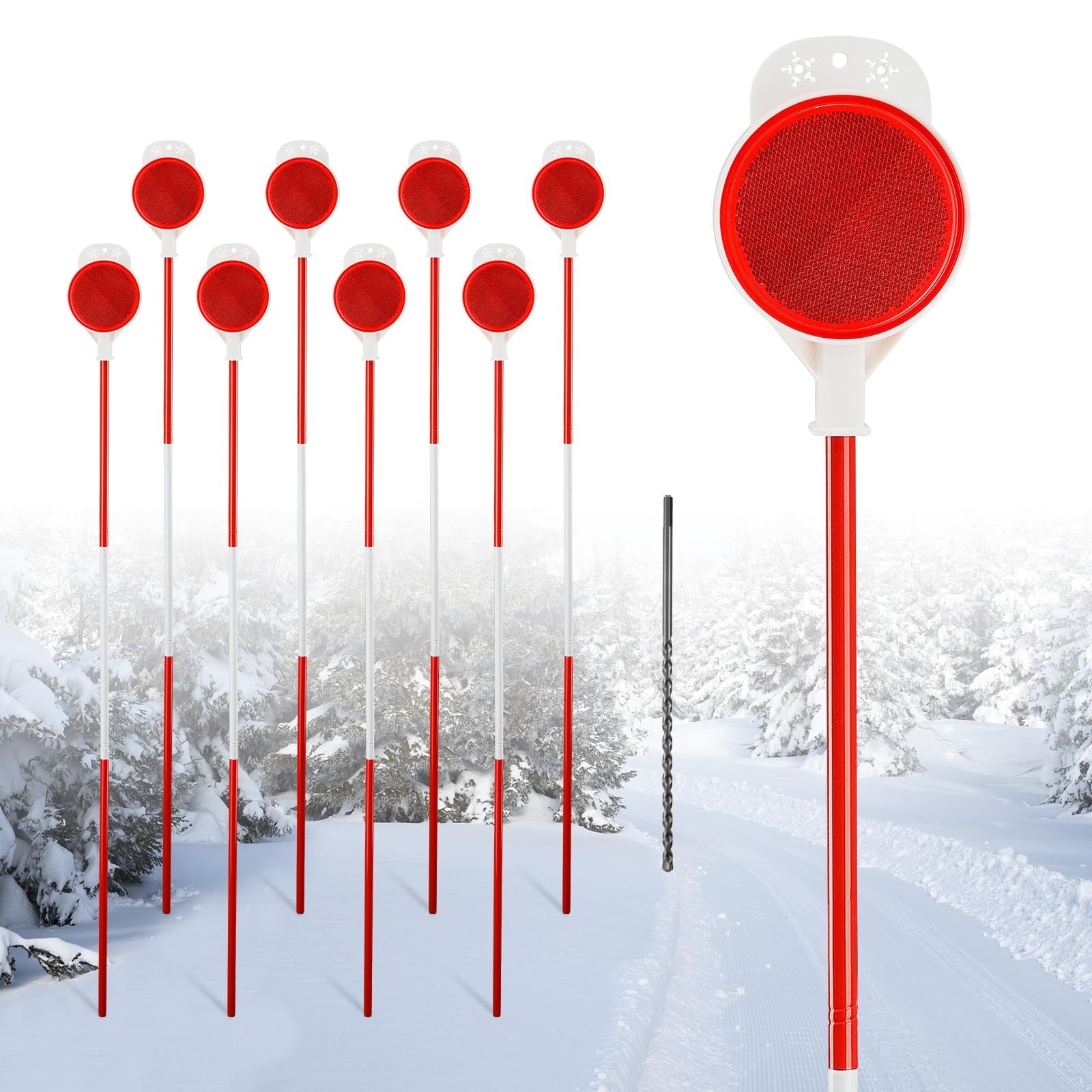 DEROFIT 8-pack driveway markers with reflective snow stakes, 50 inches tall, featuring high-visibility reflectors and installation bit
