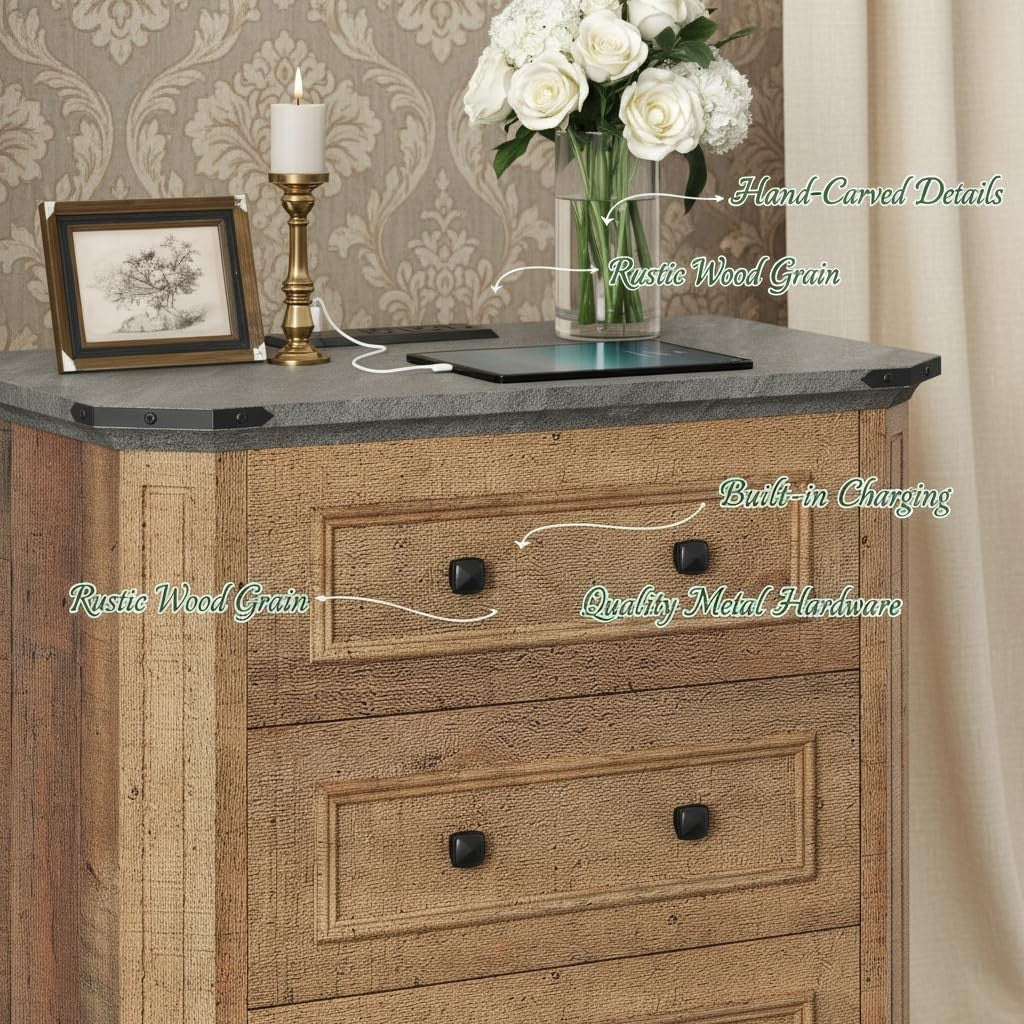 YITAHOME farmhouse nightstand set of 2 with charging stations, three-drawer side tables featuring rustic wood finish and storage drawers.